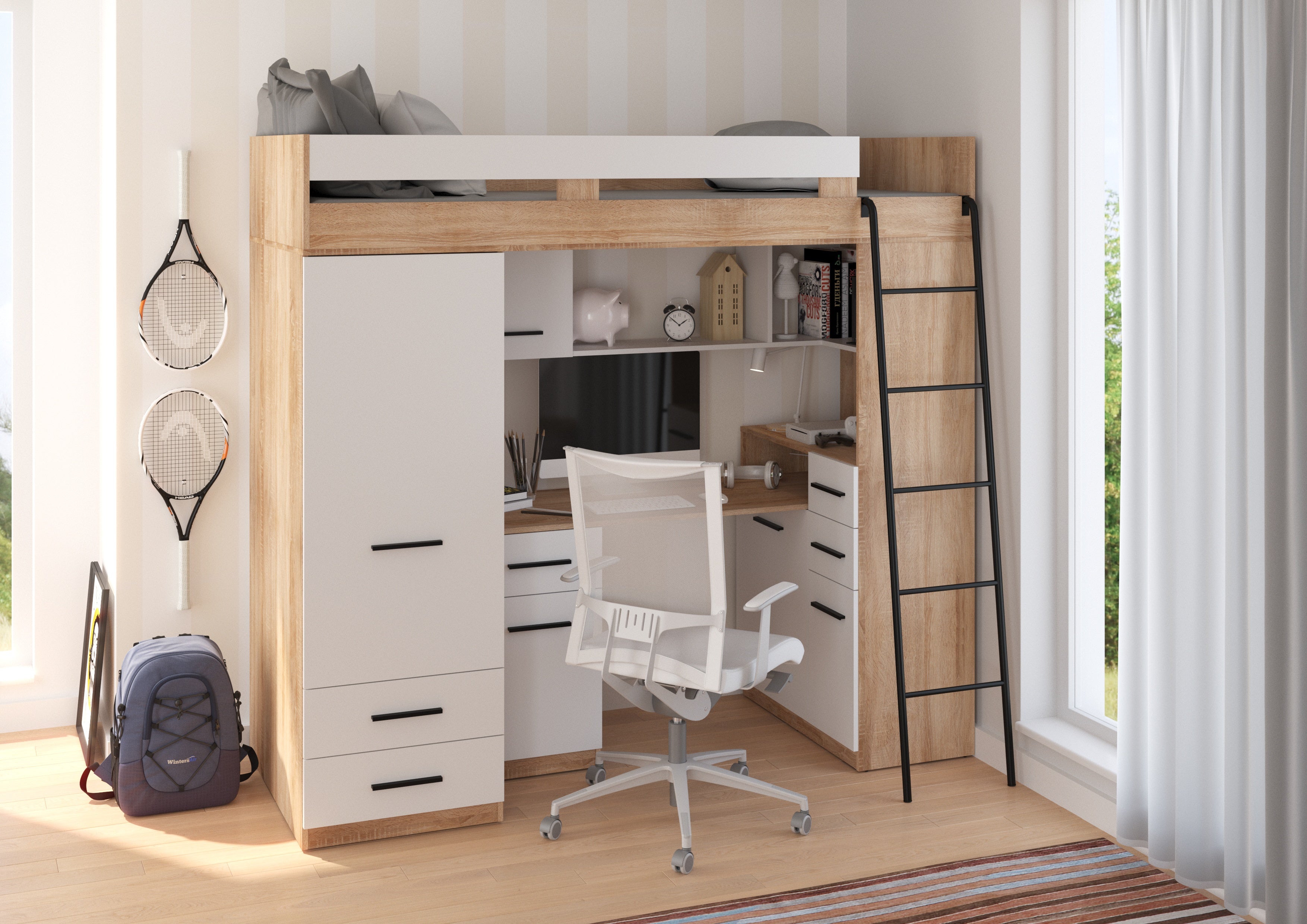 Etagenbett SMY-P mit Leiter rechts, Kleiderschrank, Schreibtisch und viele Regale