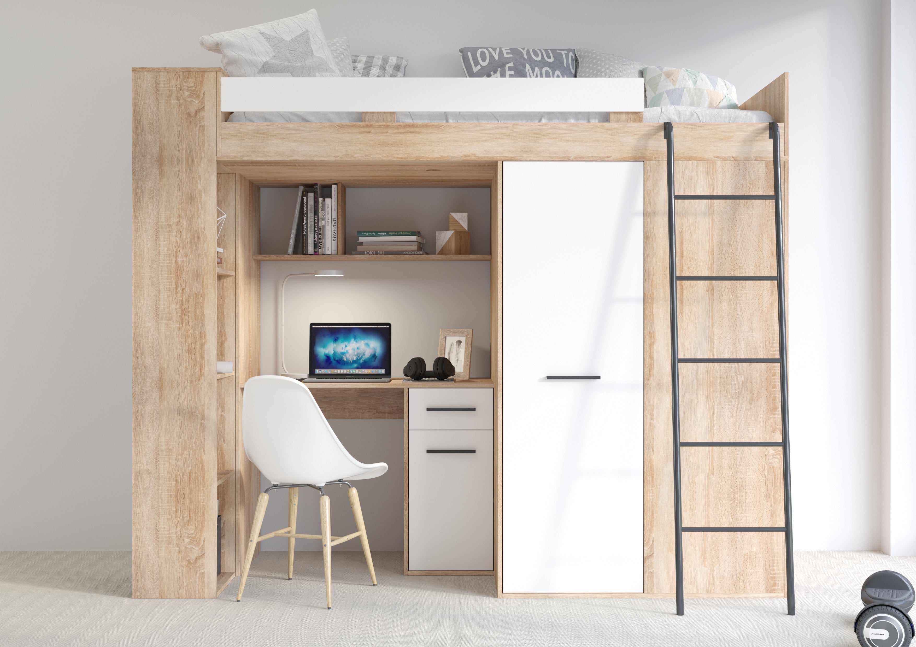 Etagenbett VER-P mit Leiter recht, Kleiderschrank, Schreibtisch und viele Regale