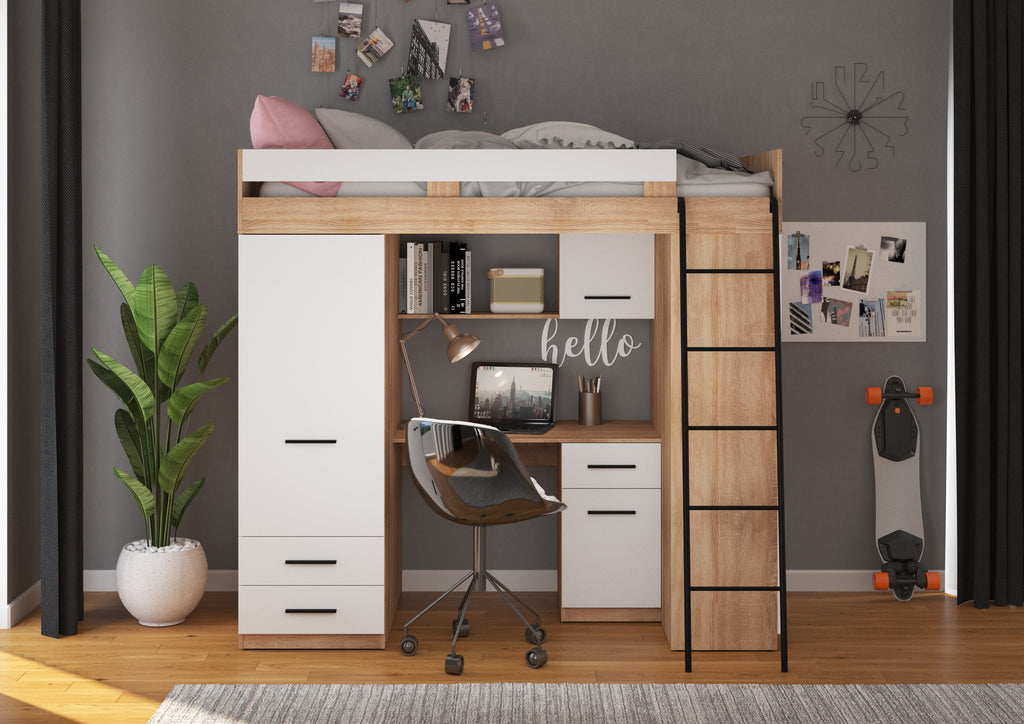 Etagenbett LEV-P mit Leiter rechts, Kleiderschrank, Schreibtisch und viele Regale