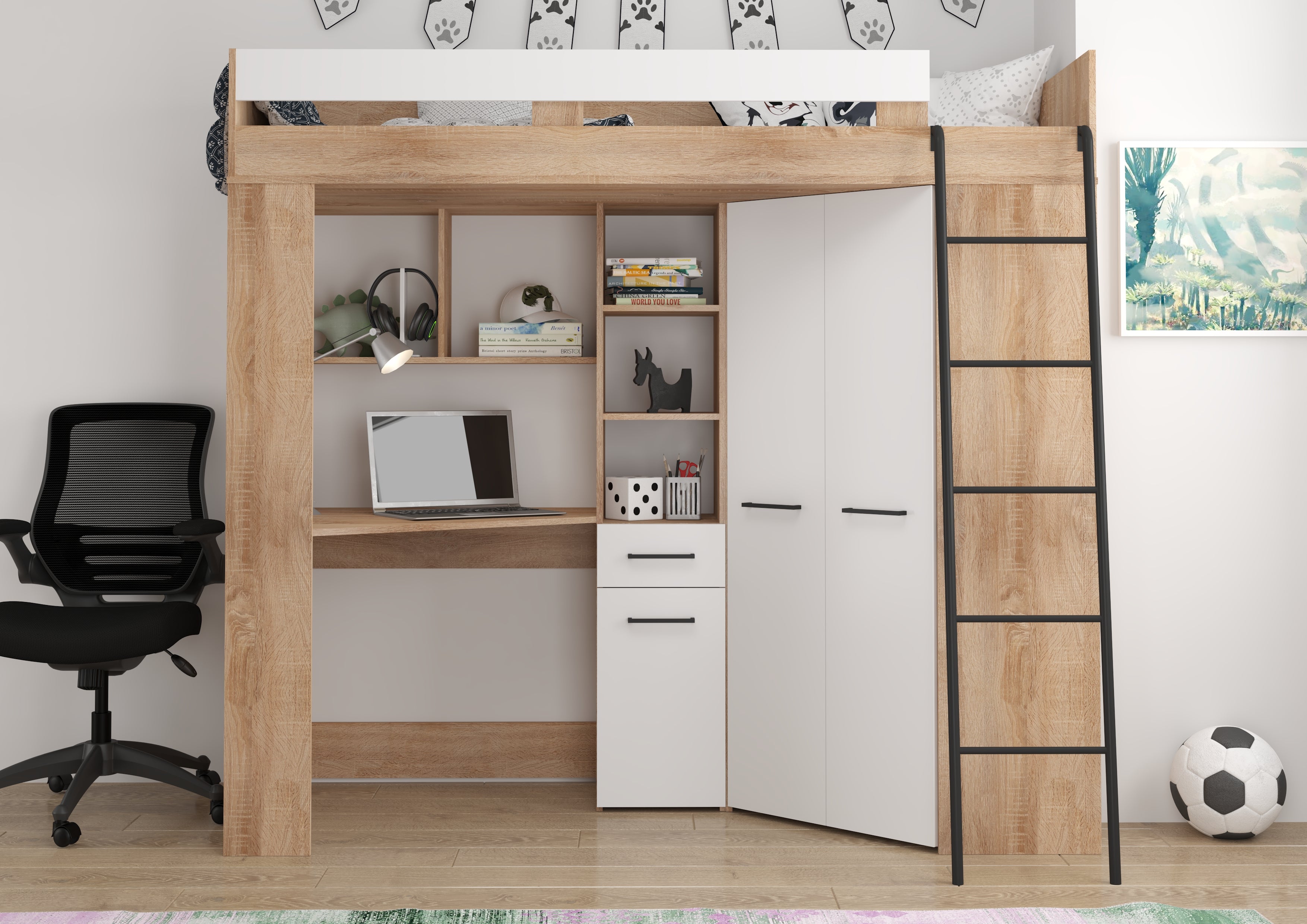 Etagenbett FLO-P mit Leiter Rechts, Eckkleiderschrank und Schreibtisch