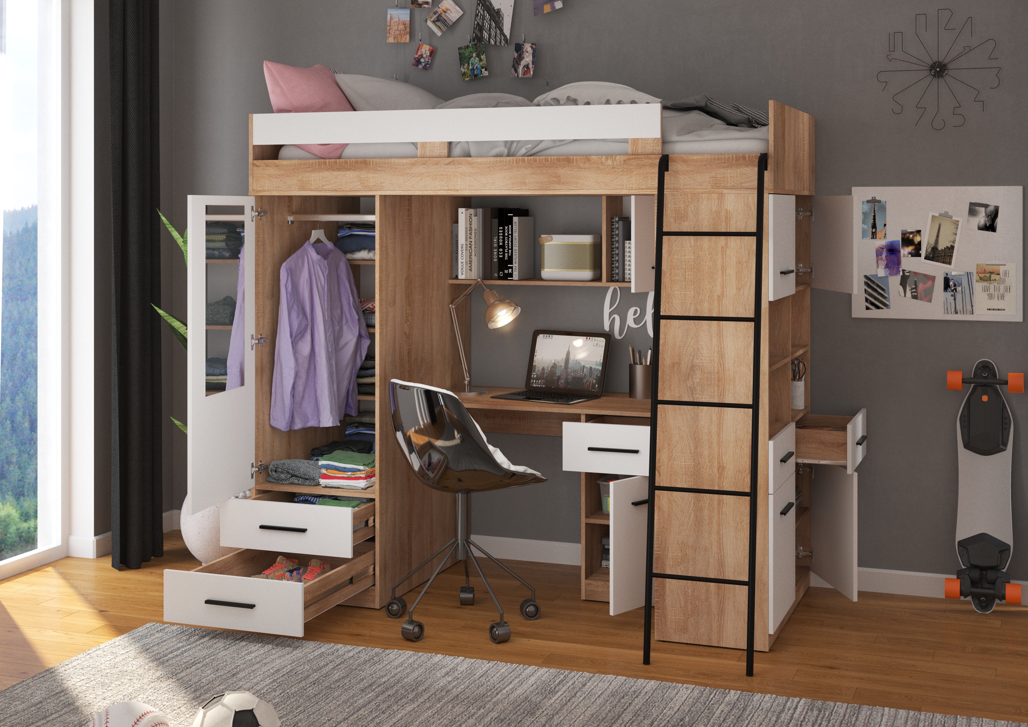 Etagenbett LEV-P mit Leiter rechts, Kleiderschrank, Schreibtisch und viele Regale