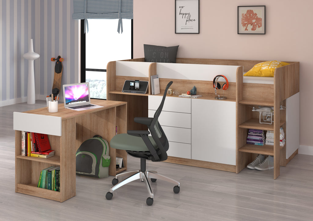 Etagenbett SMI-P mit Treppe rechts, Ausziehbarer Schreibtisch und kleiner Schrank