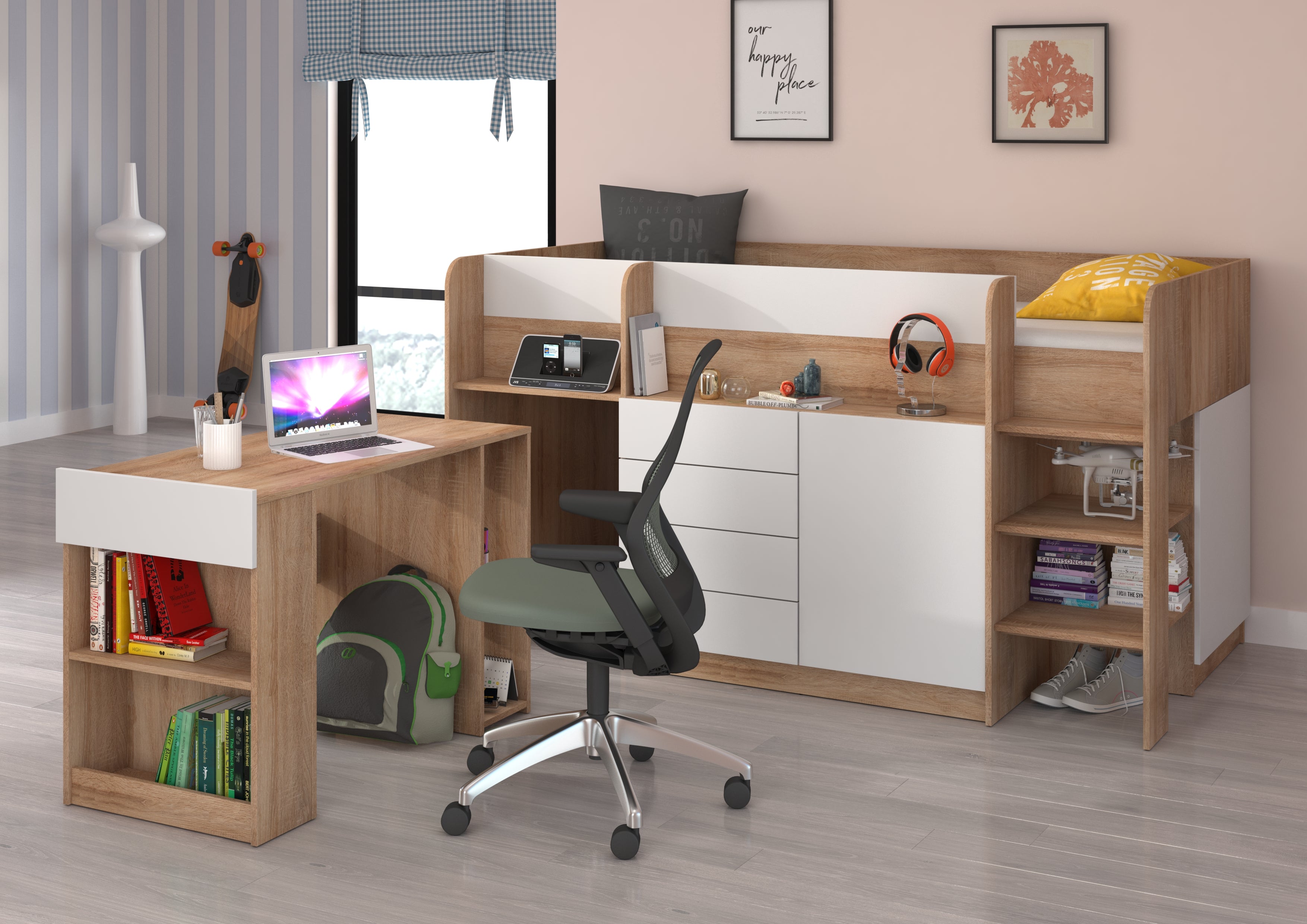 Etagenbett SMI-P mit Treppe rechts, Ausziehbarer Schreibtisch und kleiner Schrank