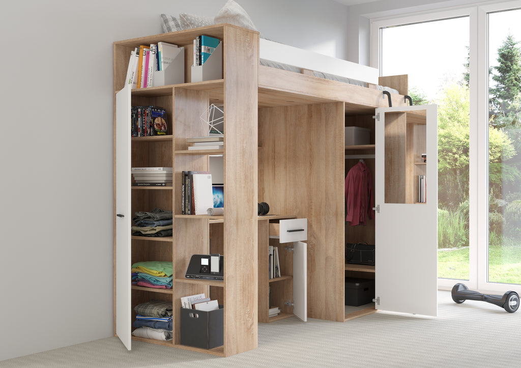 Etagenbett VER-P mit Leiter recht, Kleiderschrank, Schreibtisch und viele Regale