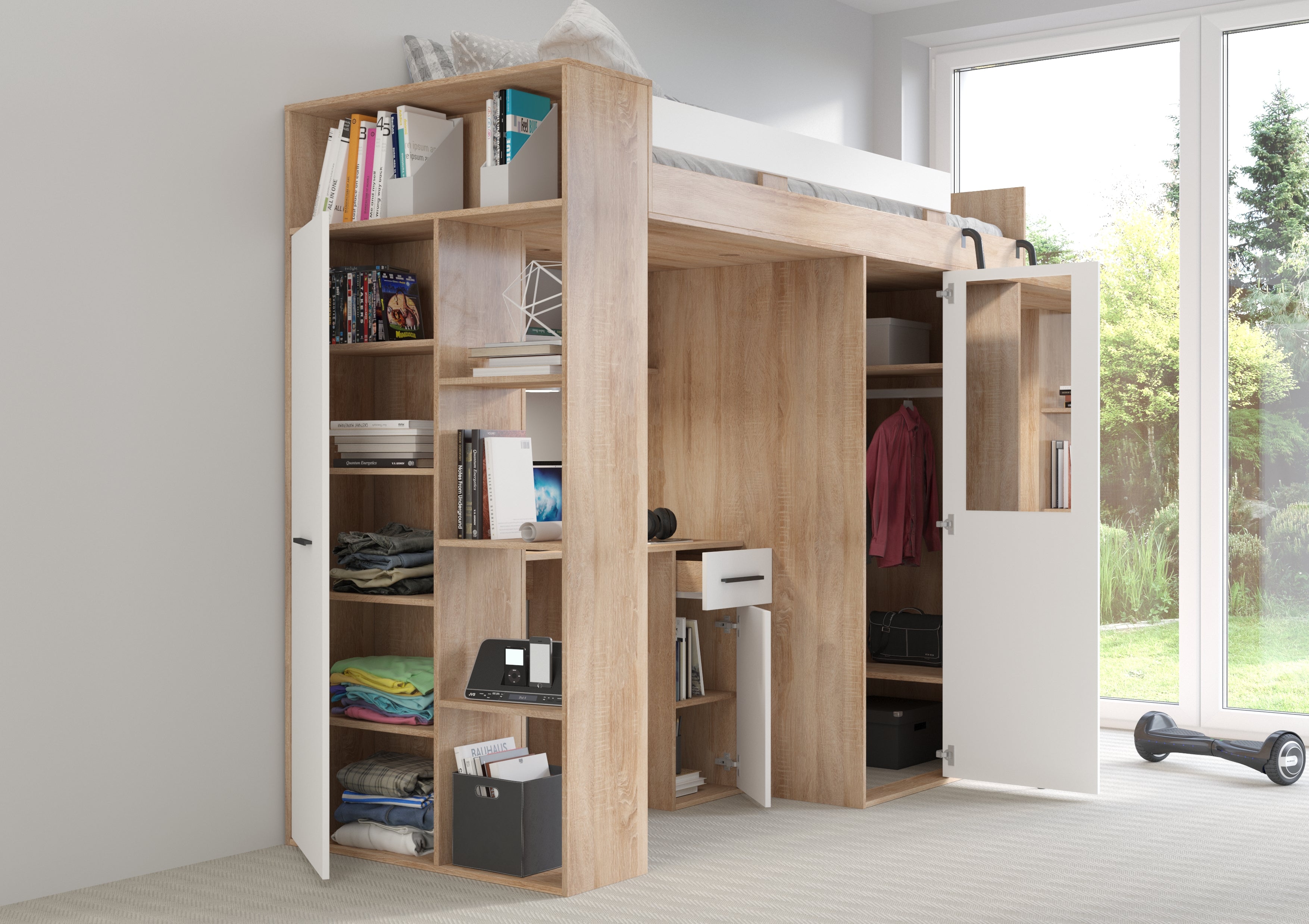 Etagenbett VER-P mit Leiter recht, Kleiderschrank, Schreibtisch und viele Regale