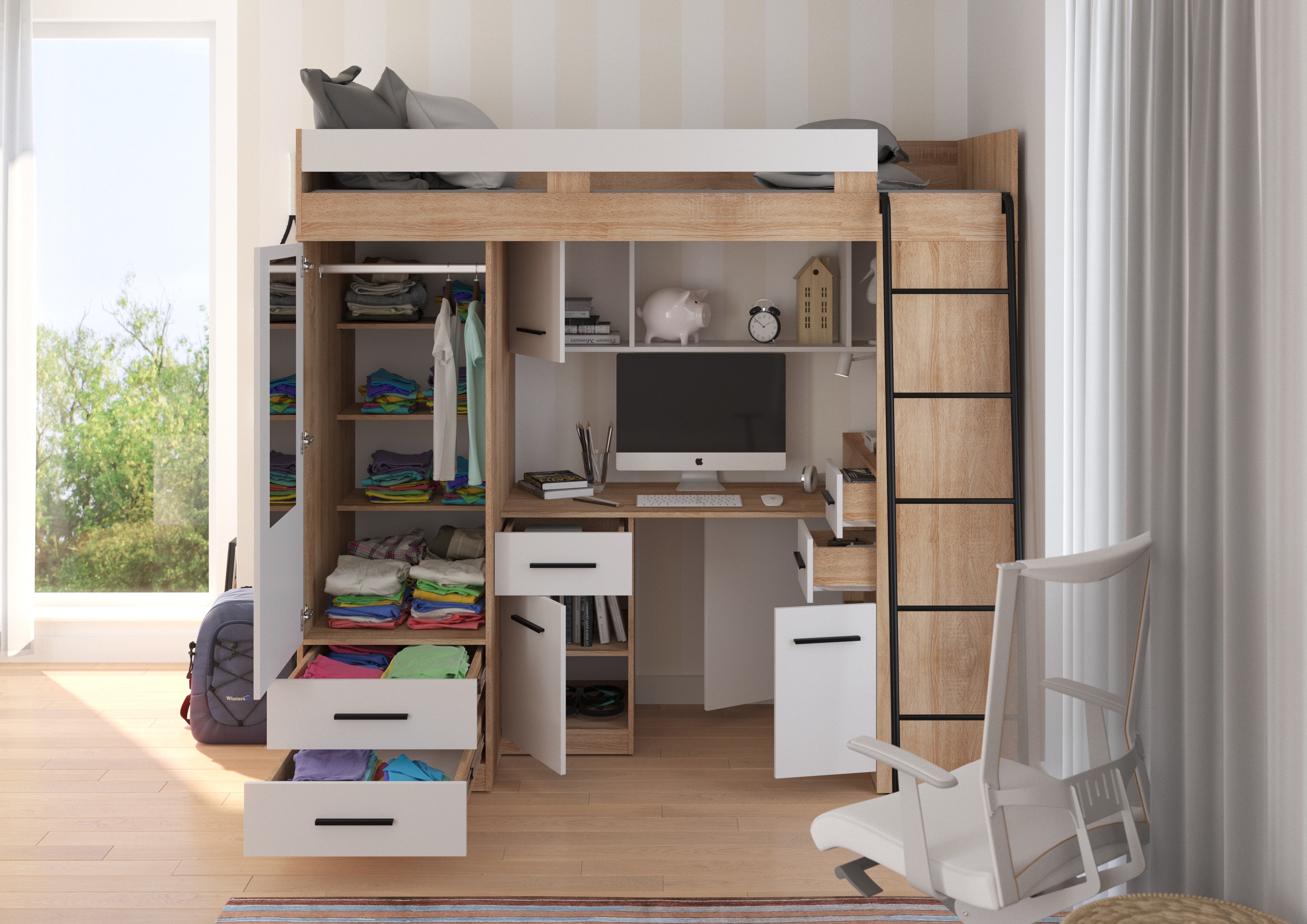 Etagenbett SMY-P mit Leiter rechts, Kleiderschrank, Schreibtisch und viele Regale