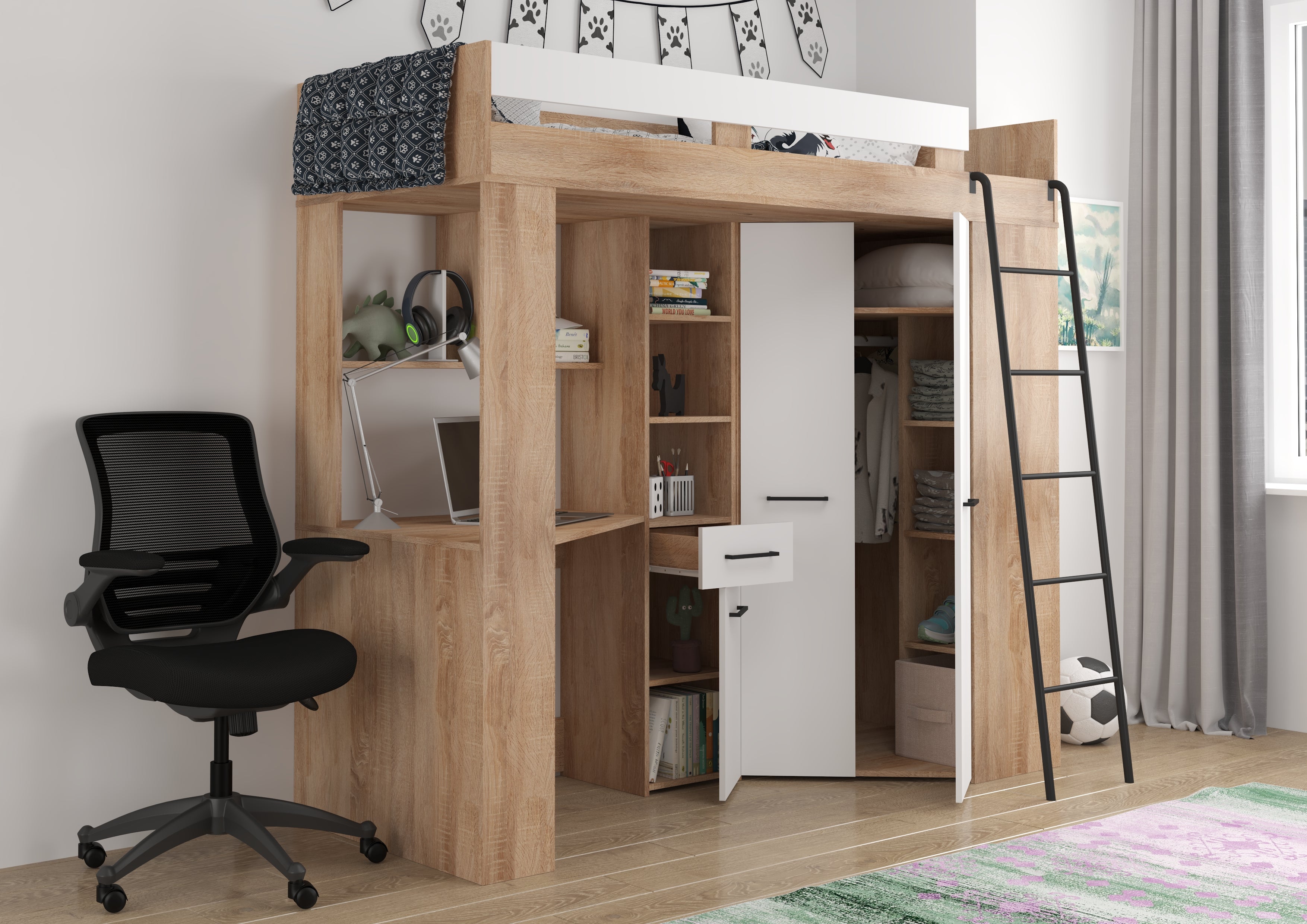 Etagenbett FLO-P mit Leiter Rechts, Eckkleiderschrank und Schreibtisch