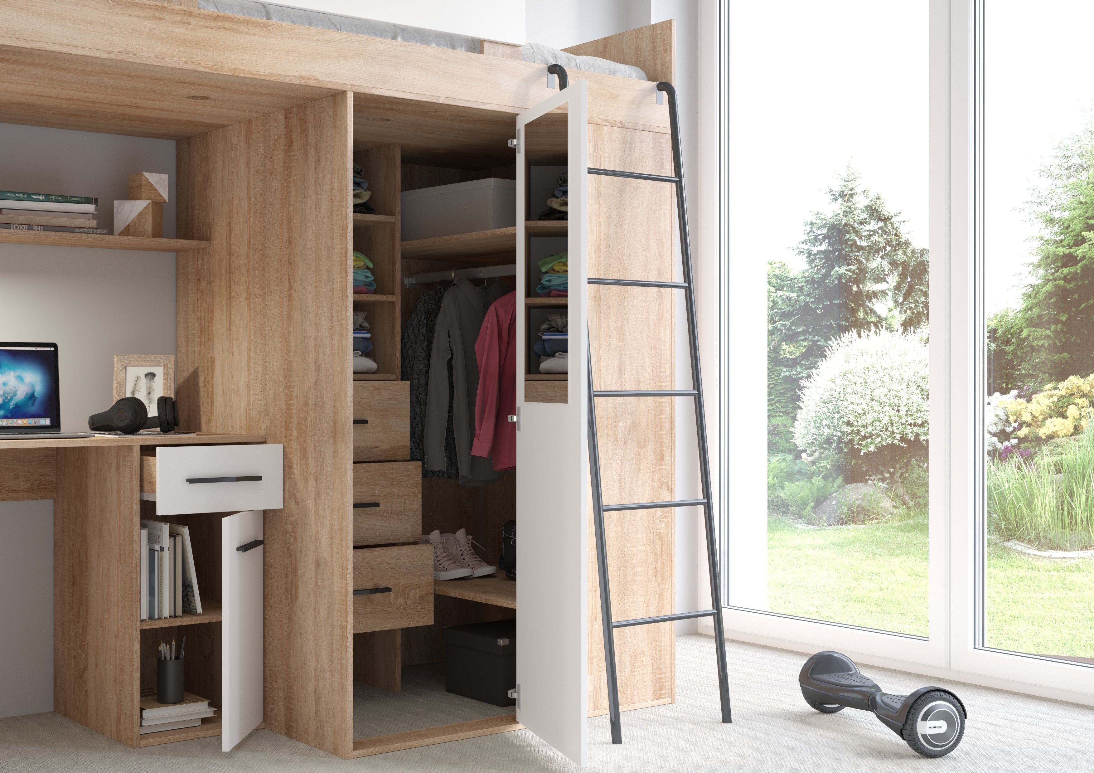 Etagenbett VER-P mit Leiter recht, Kleiderschrank, Schreibtisch und viele Regale
