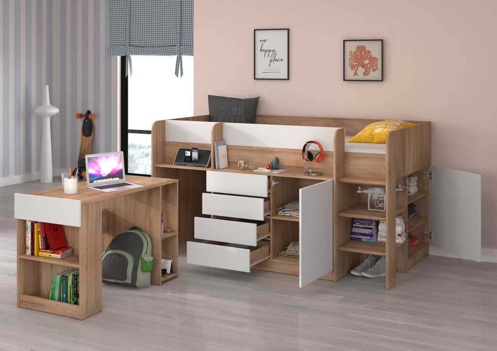 Etagenbett SMI-P mit Treppe rechts, Ausziehbarer Schreibtisch und kleiner Schrank