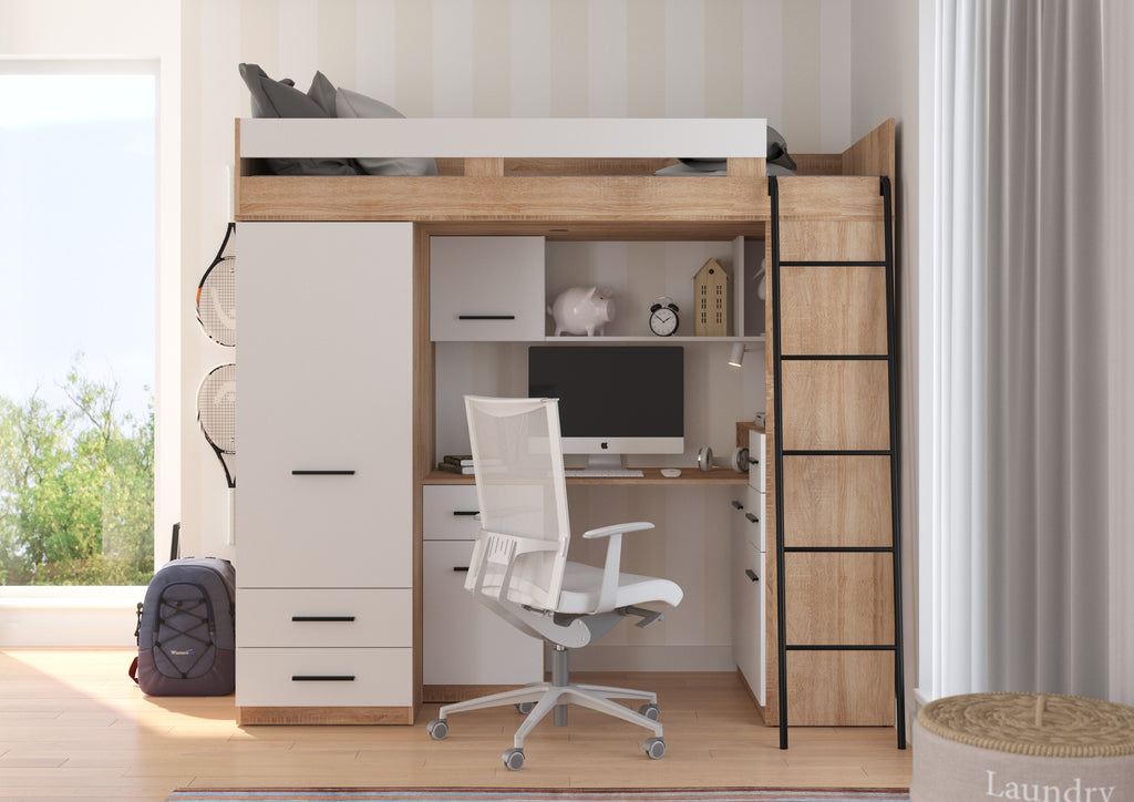 Etagenbett SMY-P mit Leiter rechts, Kleiderschrank, Schreibtisch und viele Regale
