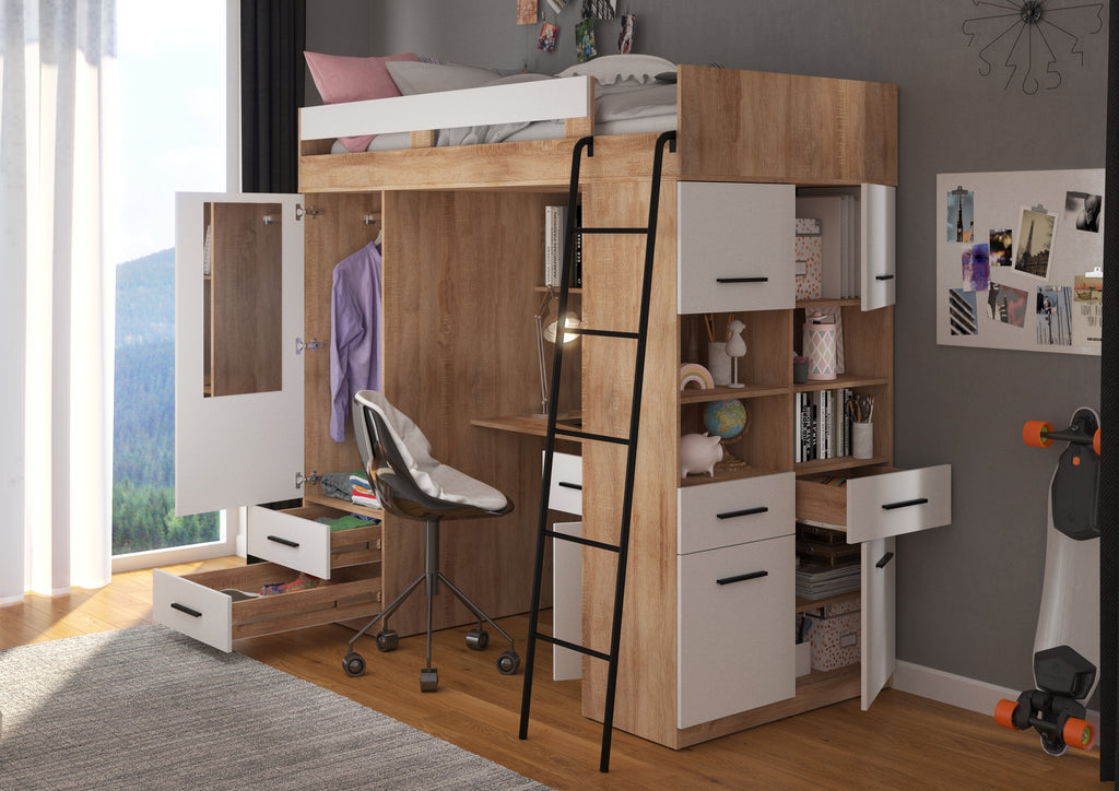 Etagenbett LEV-P mit Leiter rechts, Kleiderschrank, Schreibtisch und viele Regale