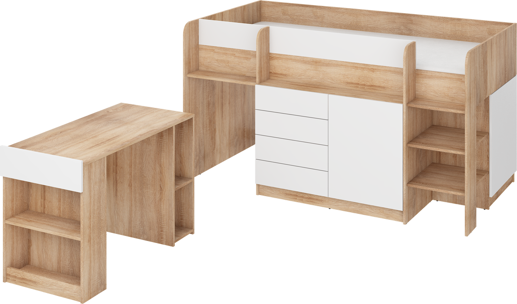 Etagenbett SMI-P mit Treppe rechts, Ausziehbarer Schreibtisch und kleiner Schrank