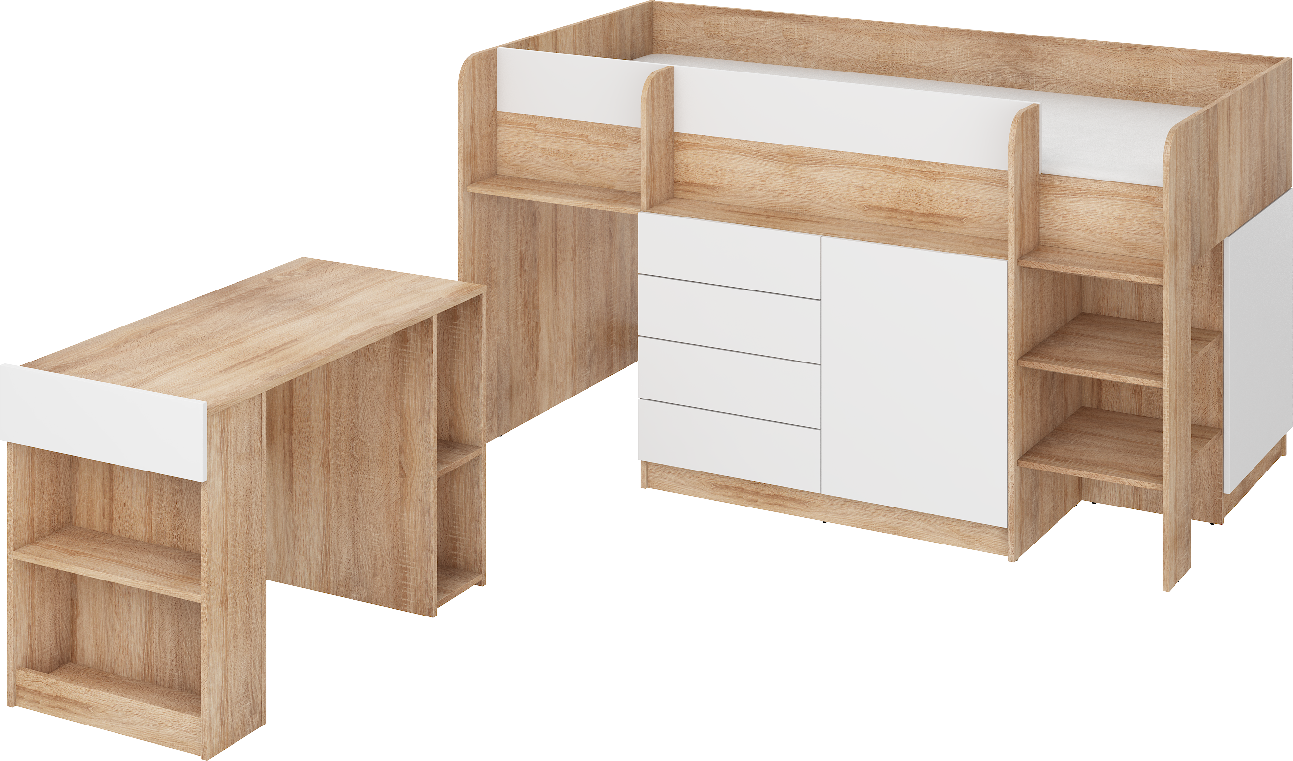 Etagenbett SMI-P mit Treppe rechts, Ausziehbarer Schreibtisch und kleiner Schrank