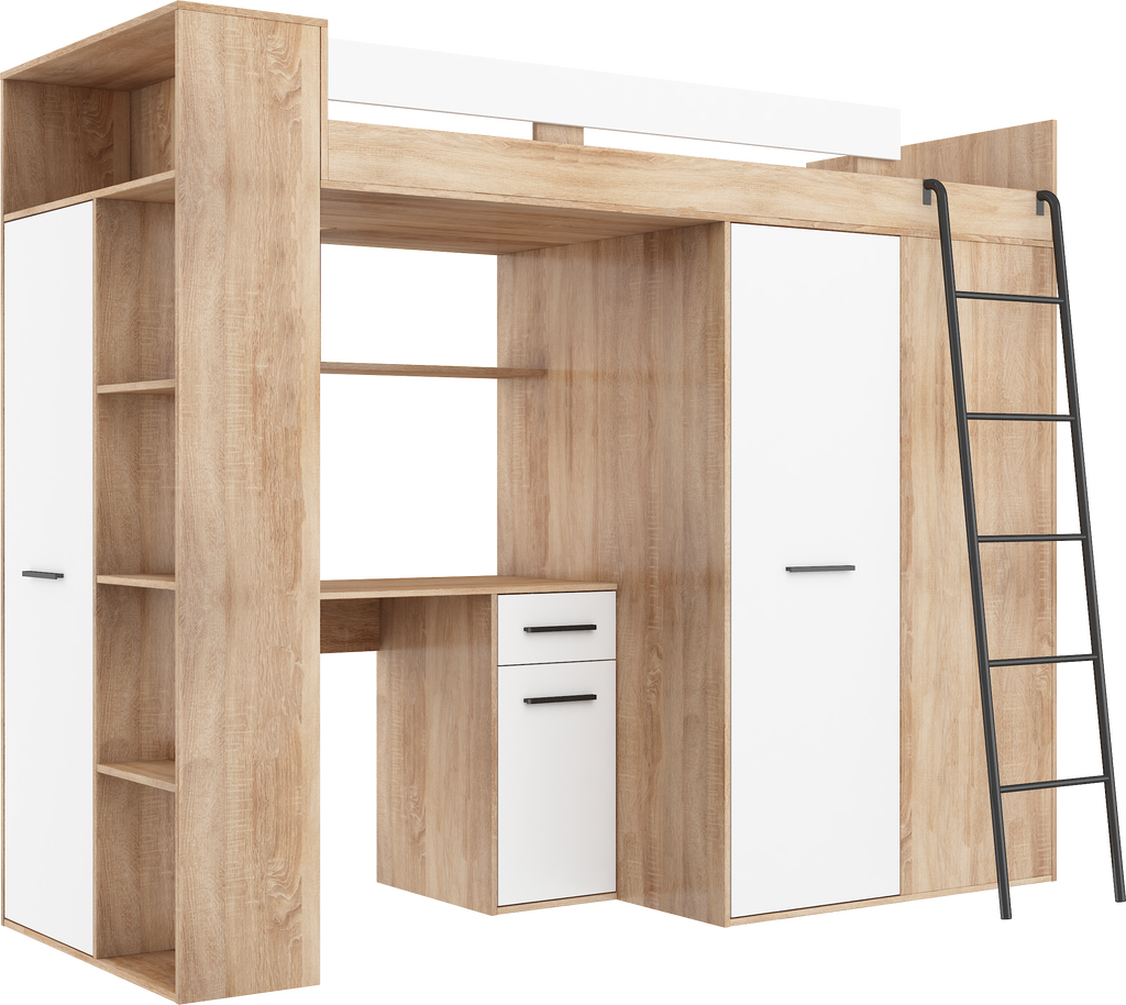 Etagenbett VER-P mit Leiter recht, Kleiderschrank, Schreibtisch und viele Regale