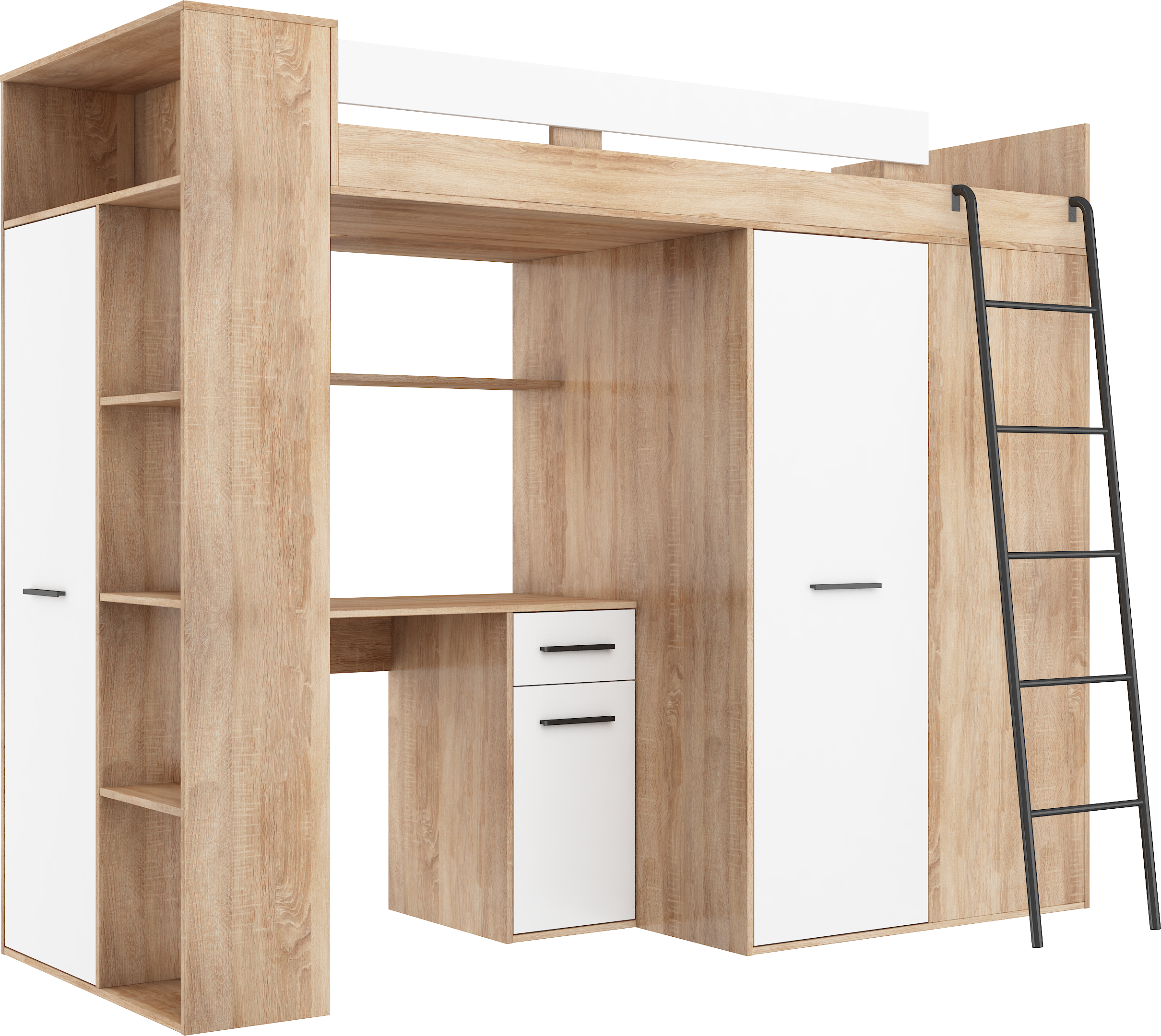 Etagenbett VER-P mit Leiter recht, Kleiderschrank, Schreibtisch und viele Regale