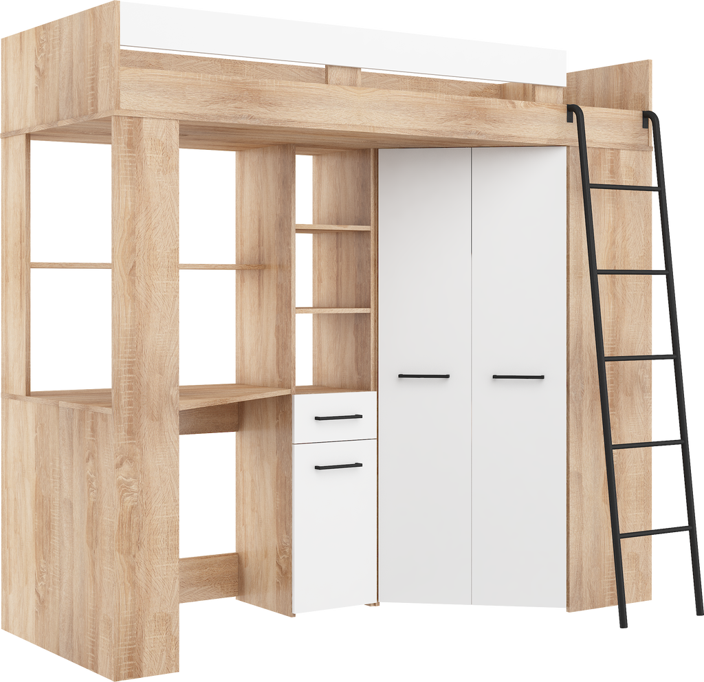 Etagenbett FLO-P mit Leiter Rechts, Eckkleiderschrank und Schreibtisch