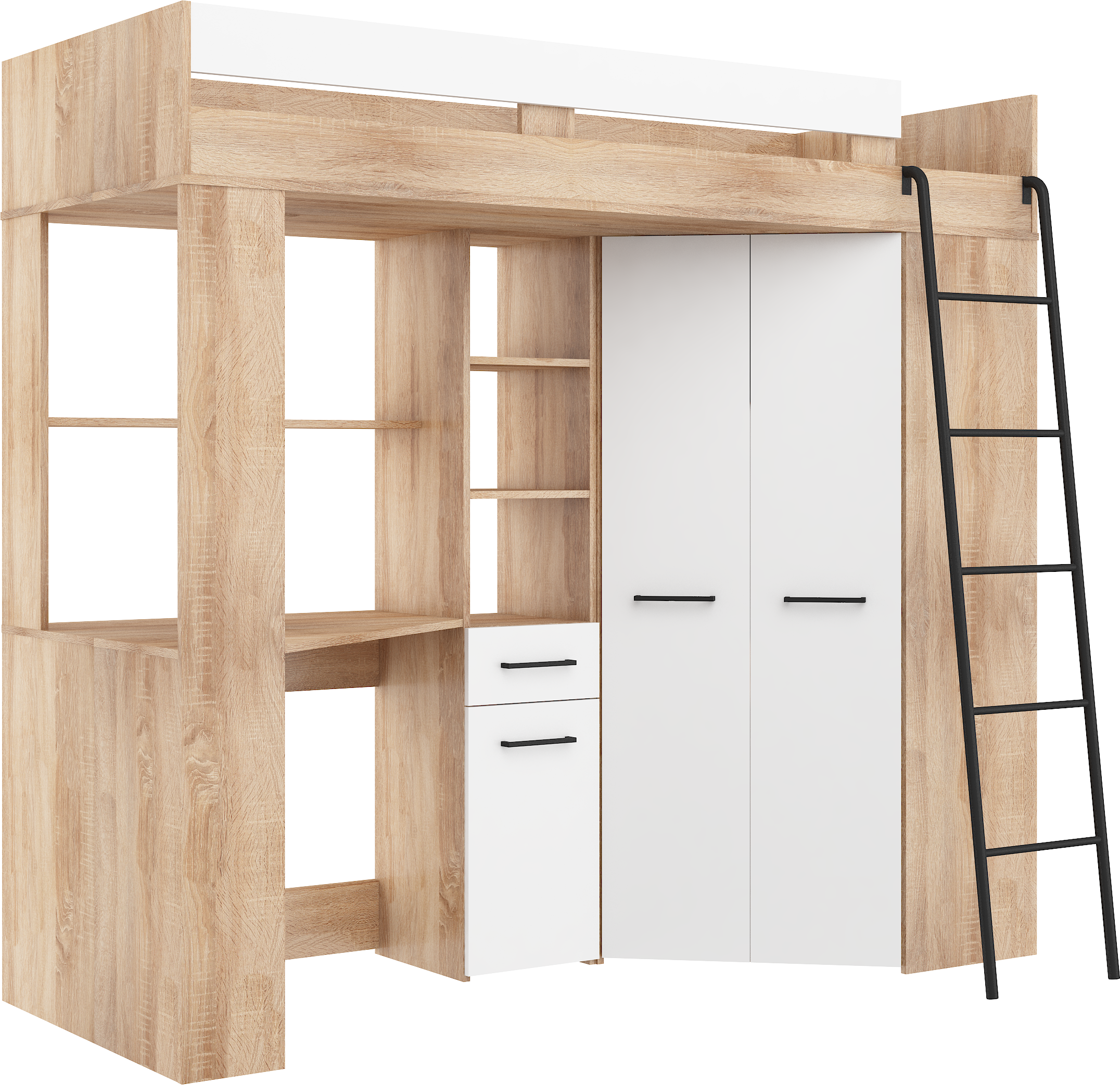 Etagenbett FLO-P mit Leiter Rechts, Eckkleiderschrank und Schreibtisch