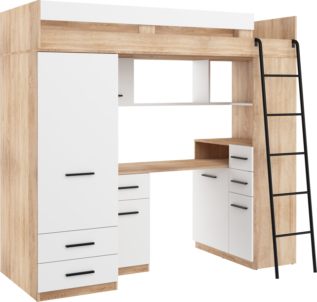 Etagenbett SMY-P mit Leiter rechts, Kleiderschrank, Schreibtisch und viele Regale