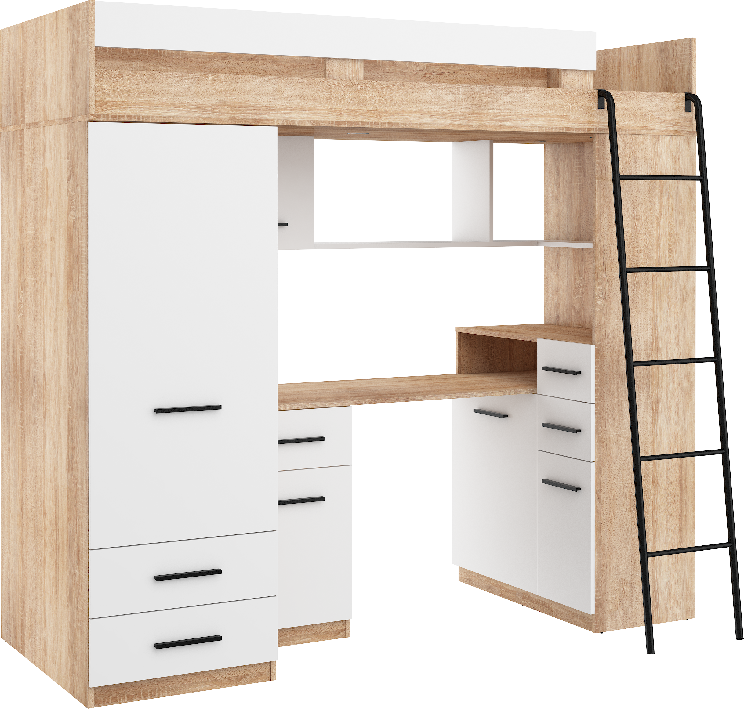 Etagenbett SMY-P mit Leiter rechts, Kleiderschrank, Schreibtisch und viele Regale