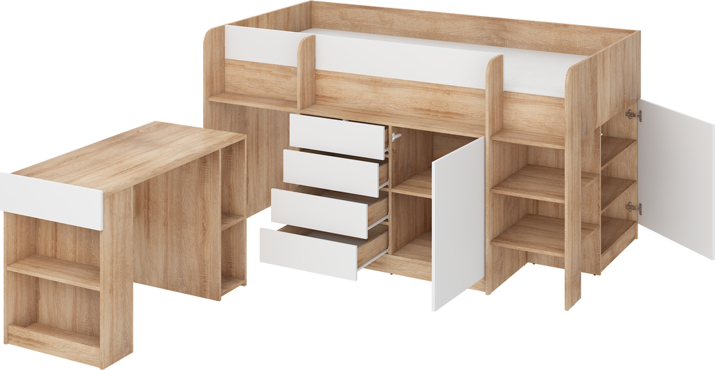 Etagenbett SMI-P mit Treppe rechts, Ausziehbarer Schreibtisch und kleiner Schrank