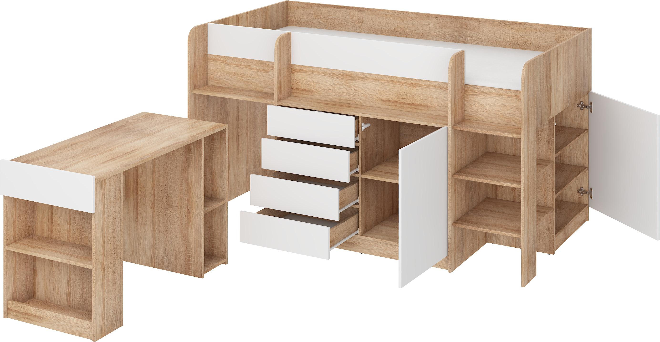 Etagenbett SMI-P mit Treppe rechts, Ausziehbarer Schreibtisch und kleiner Schrank