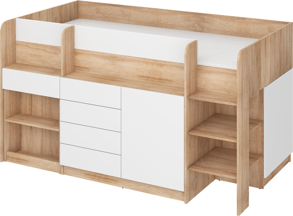 Etagenbett SMI-P mit Treppe rechts, Ausziehbarer Schreibtisch und kleiner Schrank