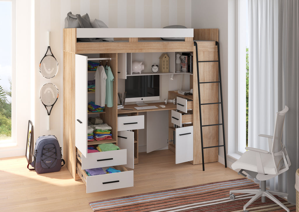 Etagenbett SMY-P mit Leiter rechts, Kleiderschrank, Schreibtisch und viele Regale