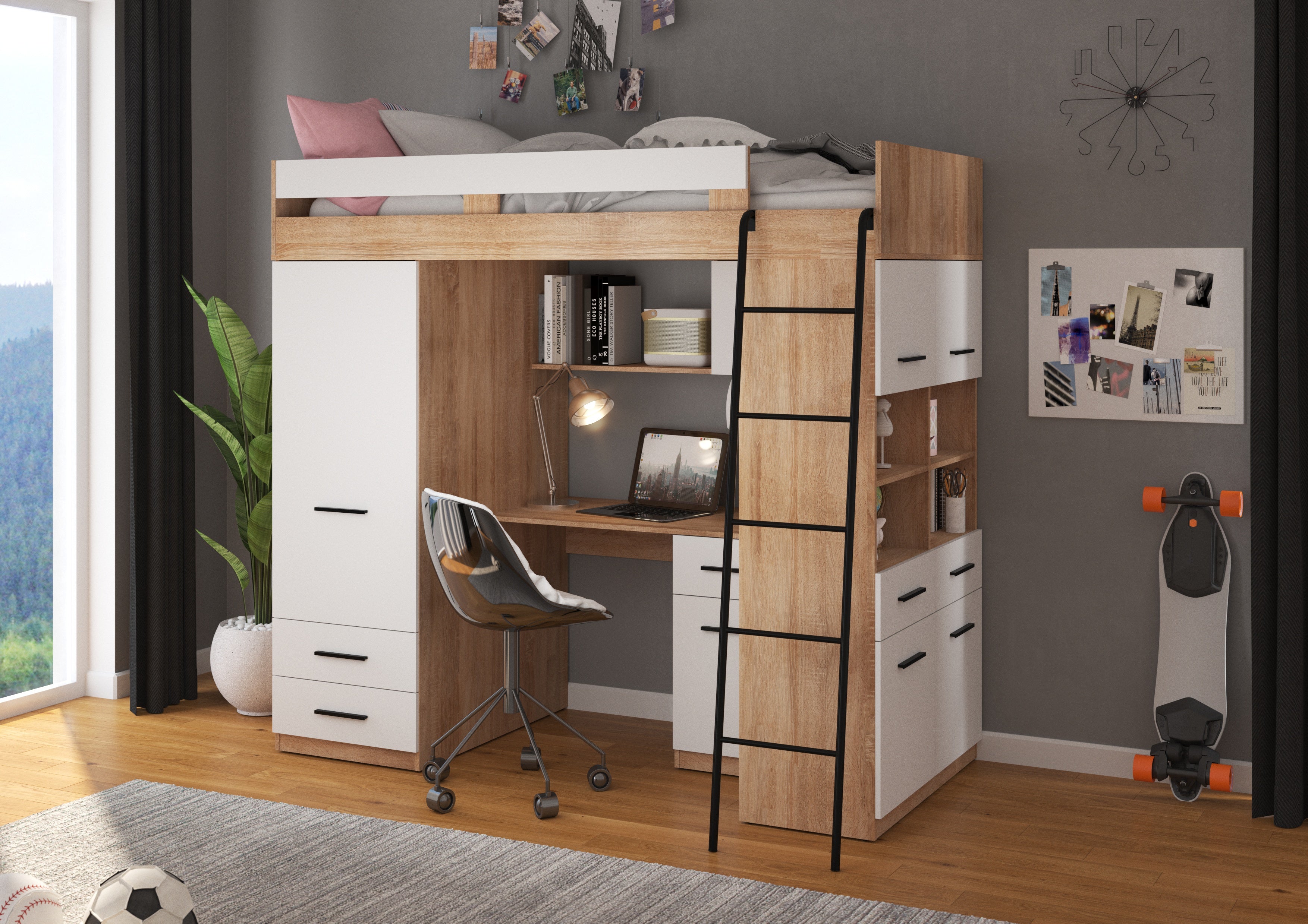 Etagenbett LEV-P mit Leiter rechts, Kleiderschrank, Schreibtisch und viele Regale