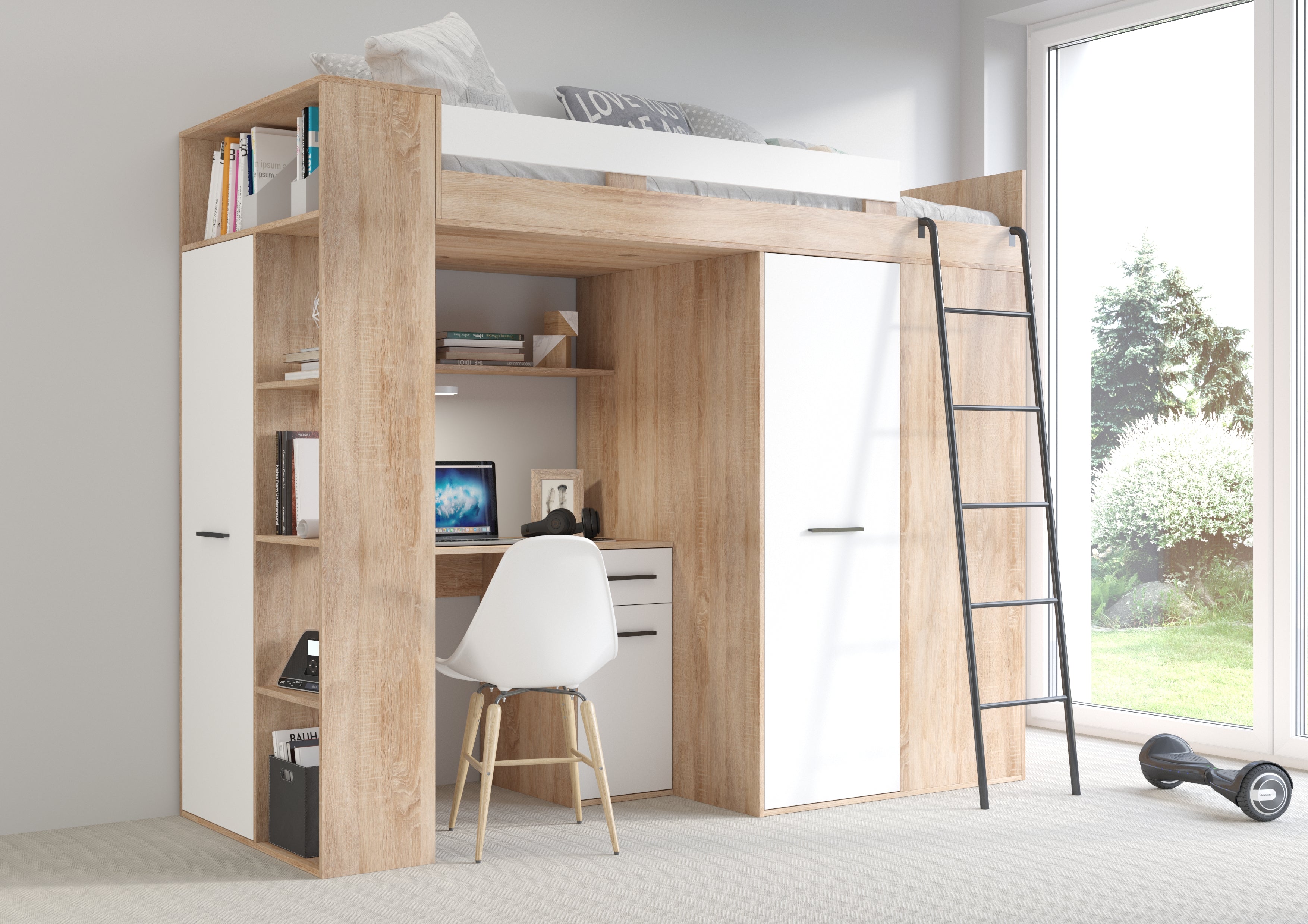 Etagenbett VER-P mit Leiter recht, Kleiderschrank, Schreibtisch und viele Regale
