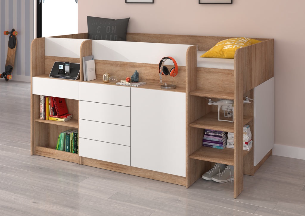 Etagenbett SMI-P mit Treppe rechts, Ausziehbarer Schreibtisch und kleiner Schrank