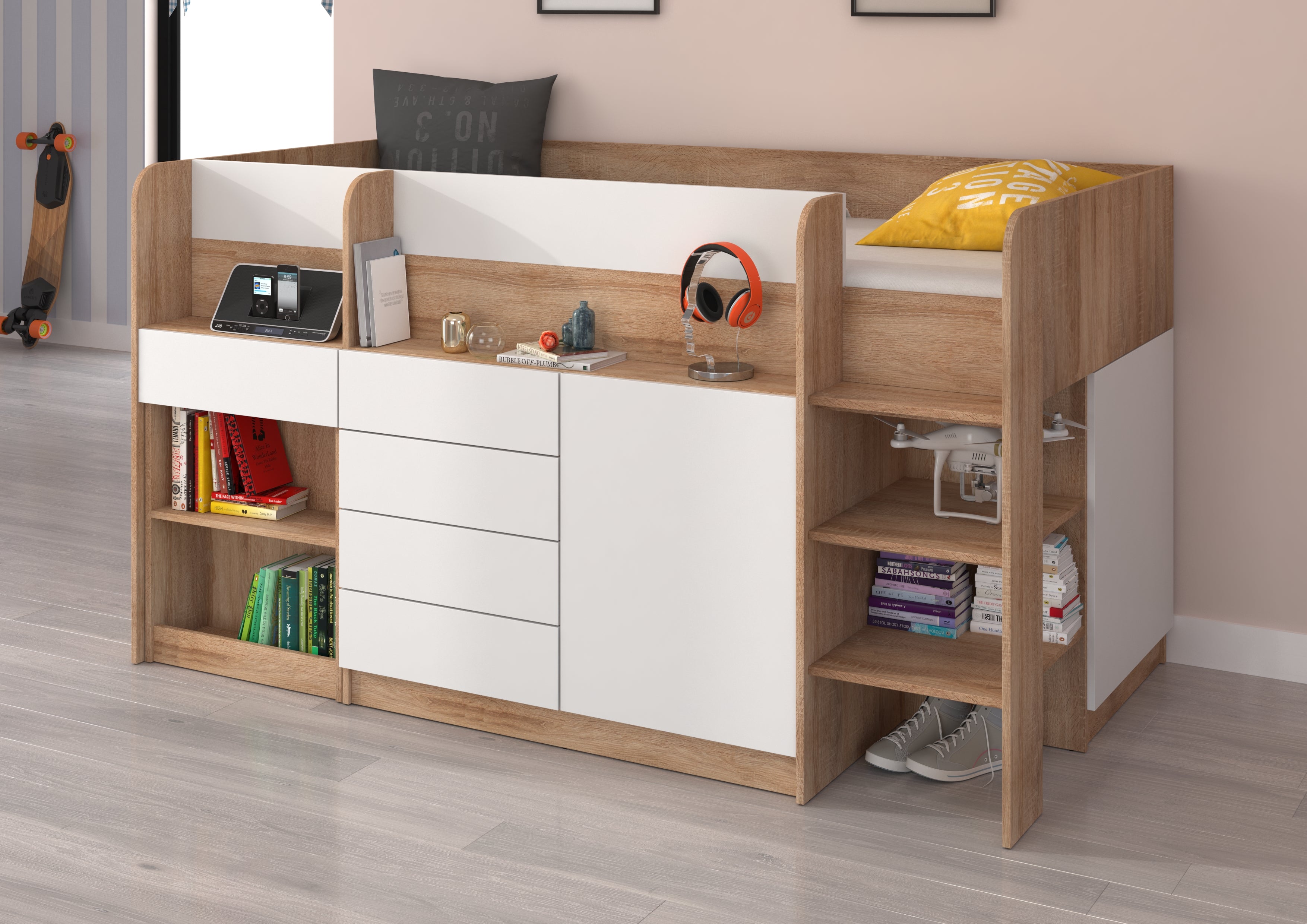 Etagenbett SMI-P mit Treppe rechts, Ausziehbarer Schreibtisch und kleiner Schrank