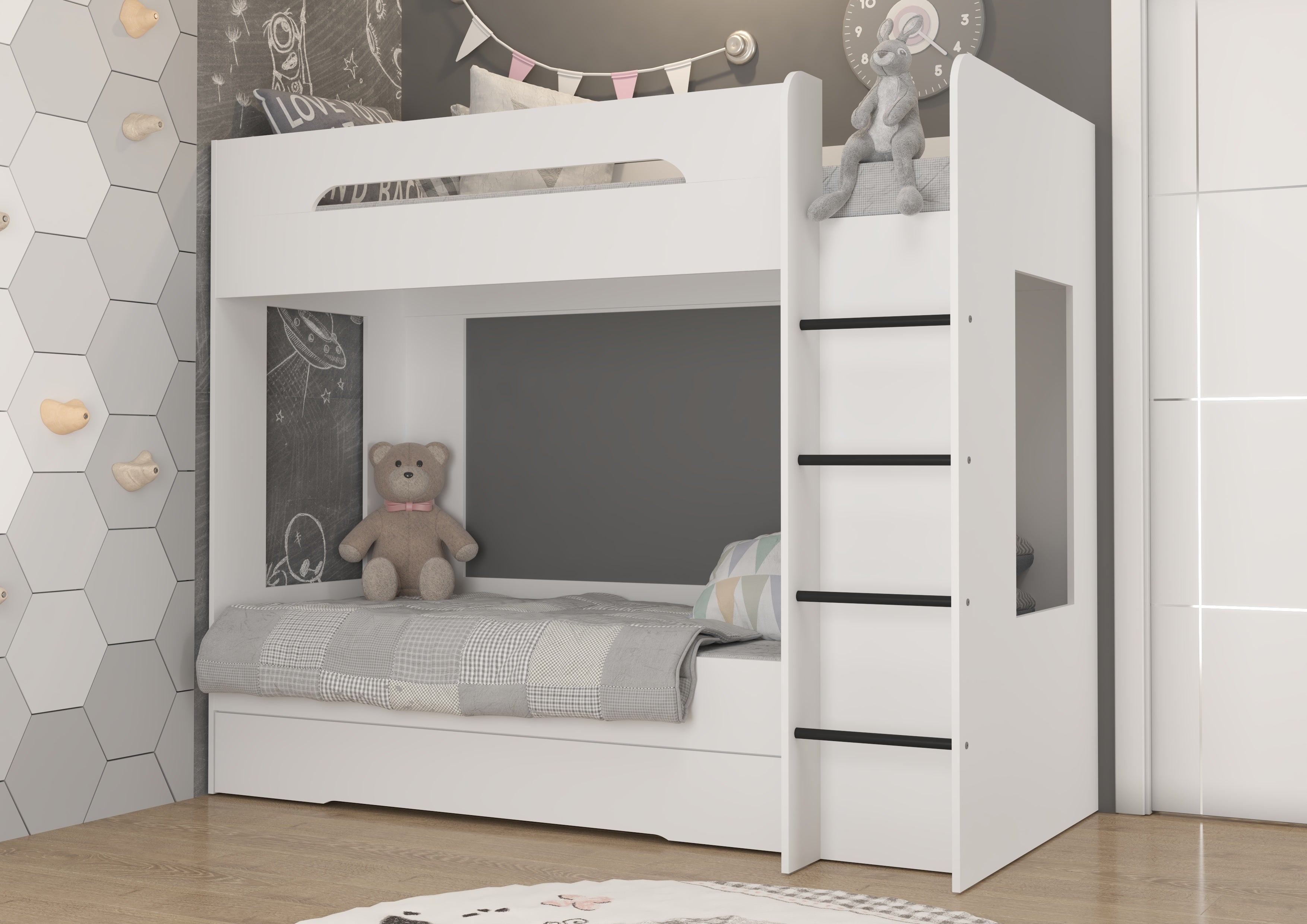 Etagenbett BLA-P, Kinderbett, Leiter auf der rechten Seite montiert