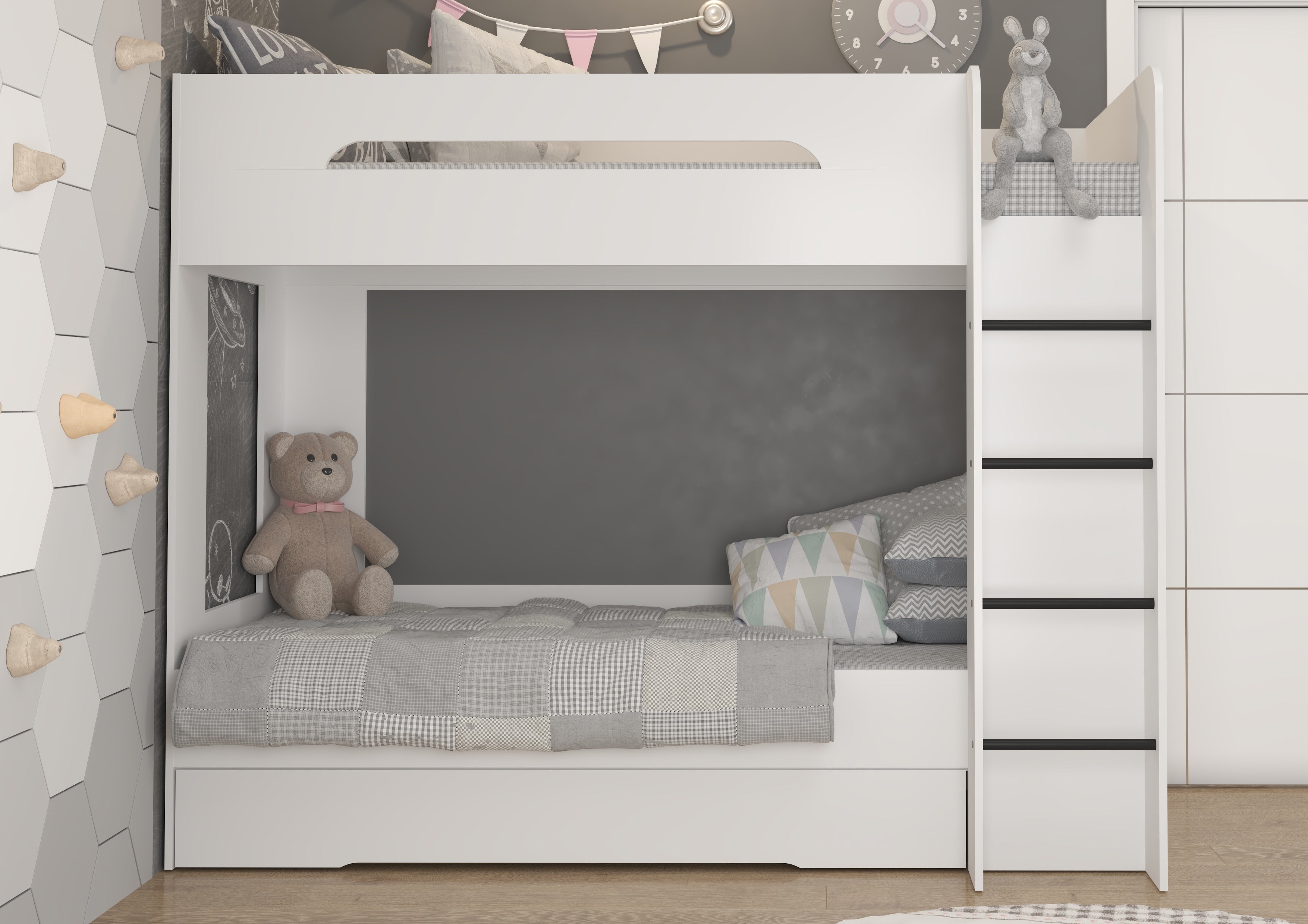 Etagenbett BLA-P, Kinderbett, Leiter auf der rechten Seite montiert