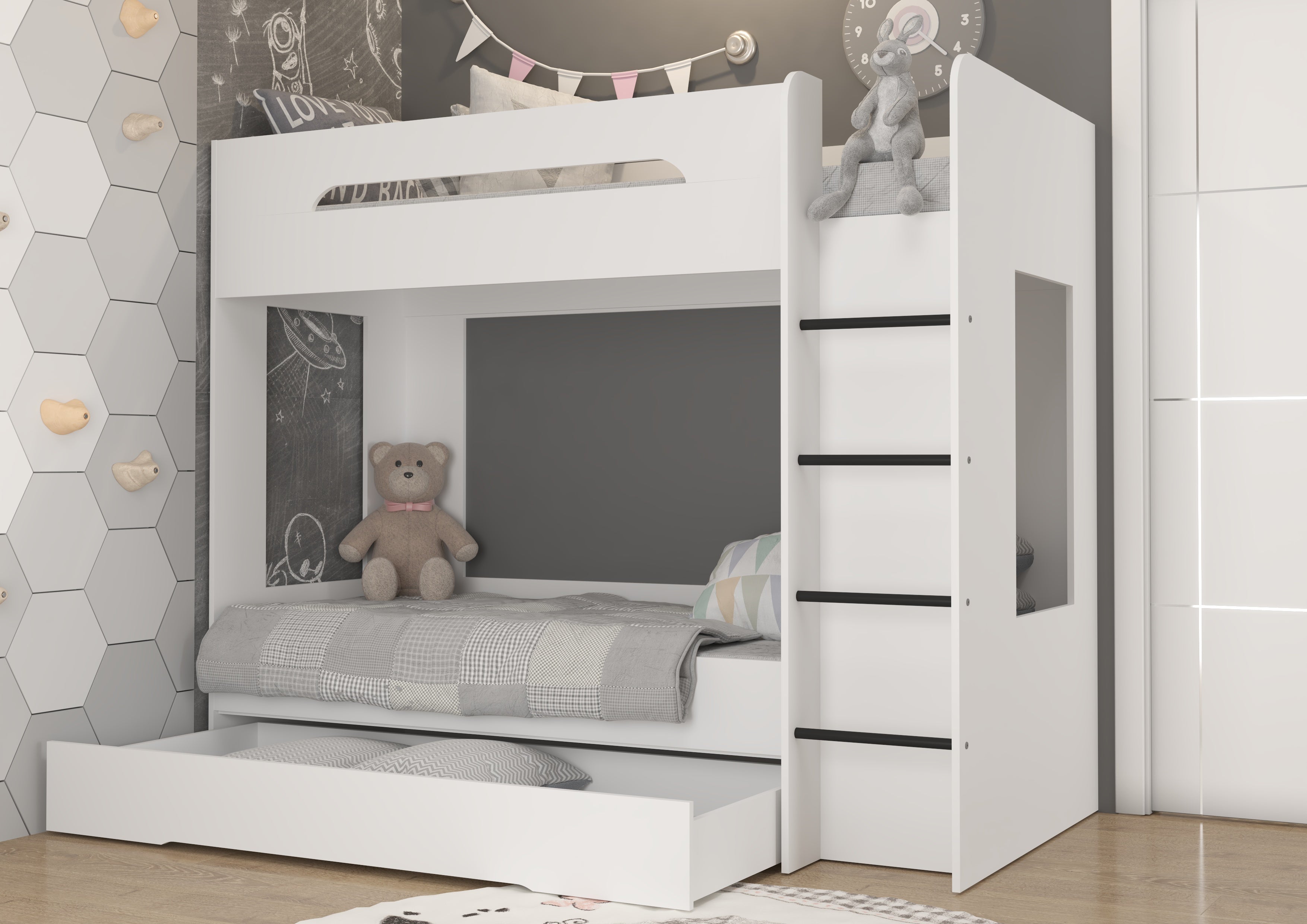 Etagenbett BLA-P, Kinderbett, Leiter auf der rechten Seite montiert