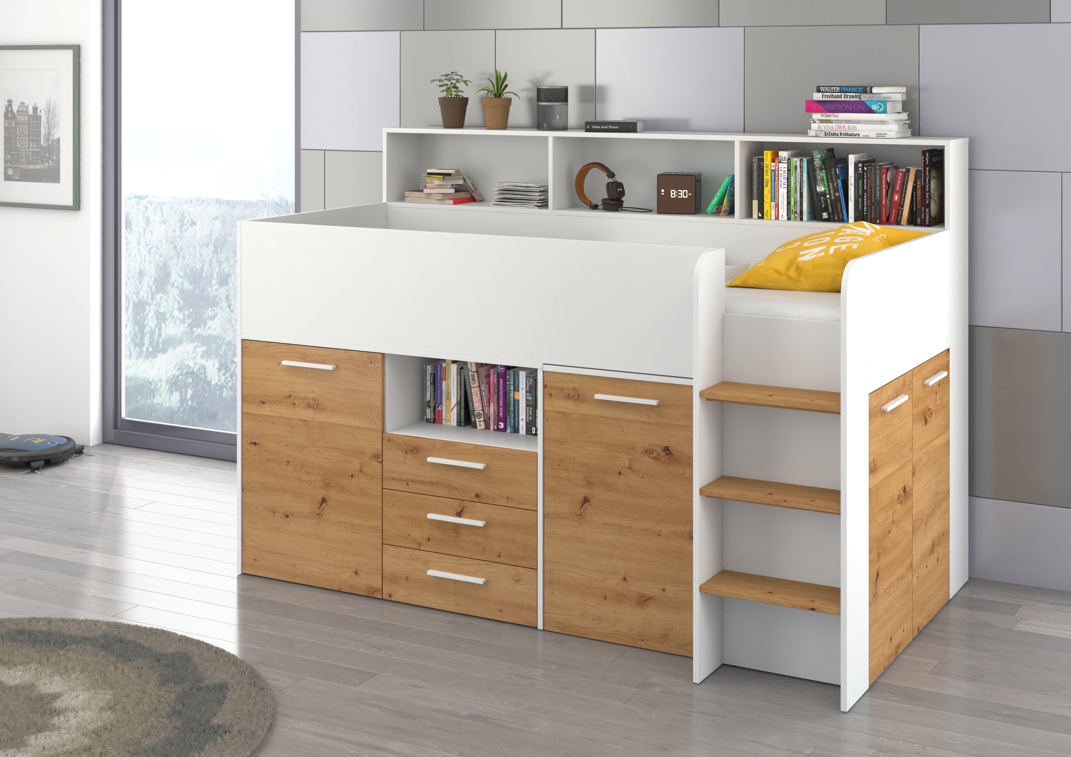 Etagenbett NE-P mit Treppe rechts, Ausziehbarer Schreibtisch und Doppel Schrank