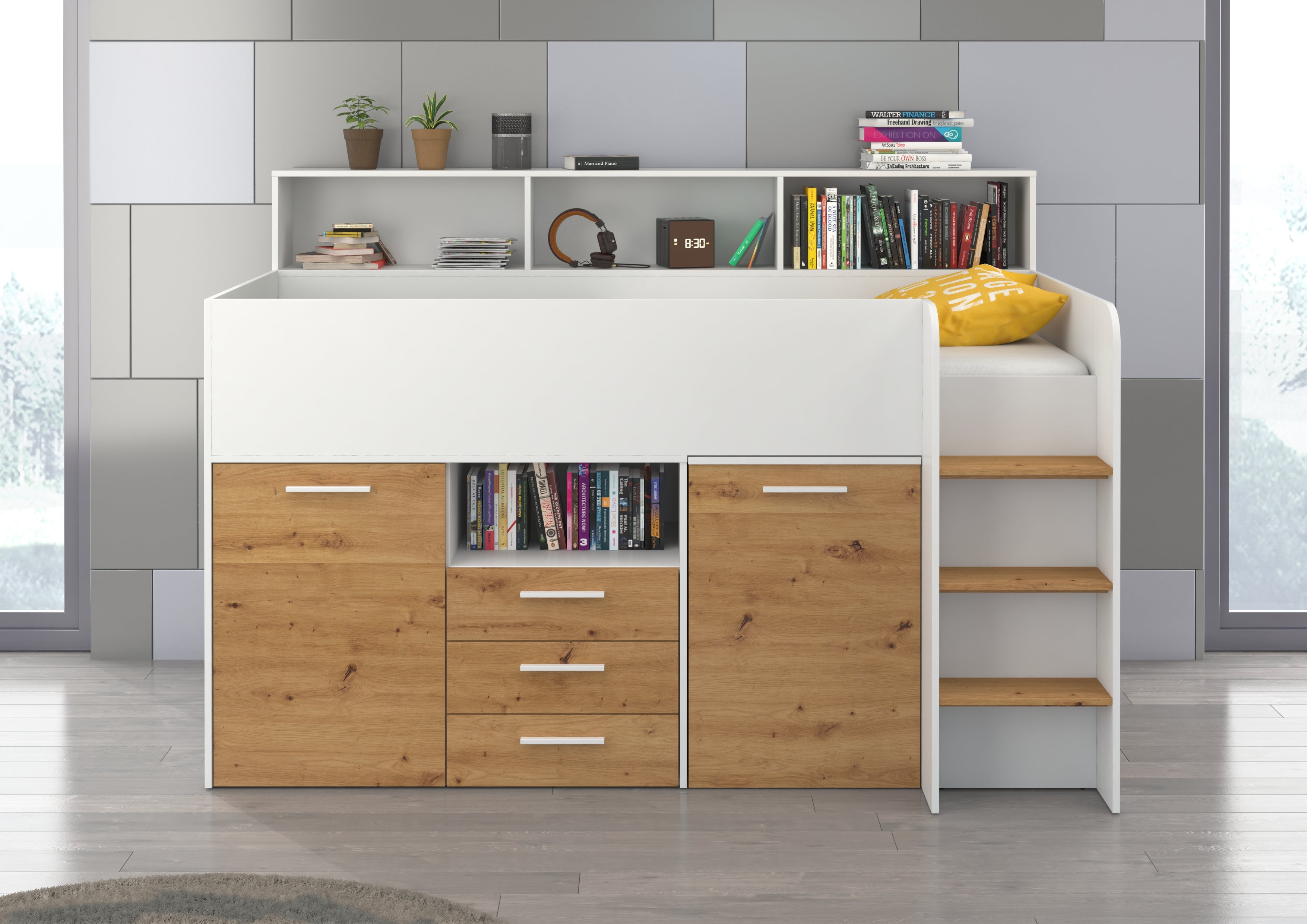 Etagenbett NE-P mit Treppe rechts, Ausziehbarer Schreibtisch und Doppel Schrank