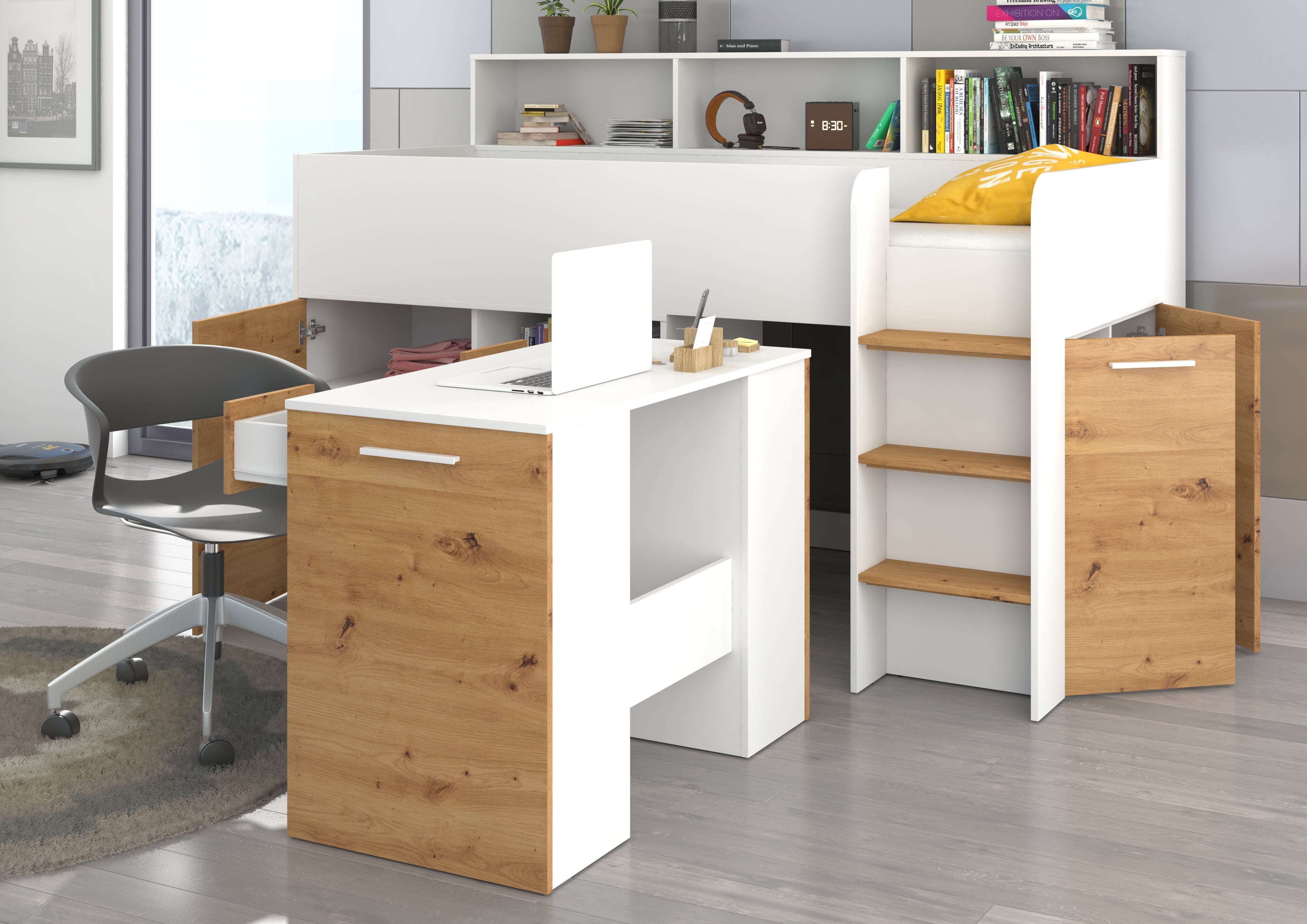 Etagenbett NE-P mit Treppe rechts, Ausziehbarer Schreibtisch und Doppel Schrank