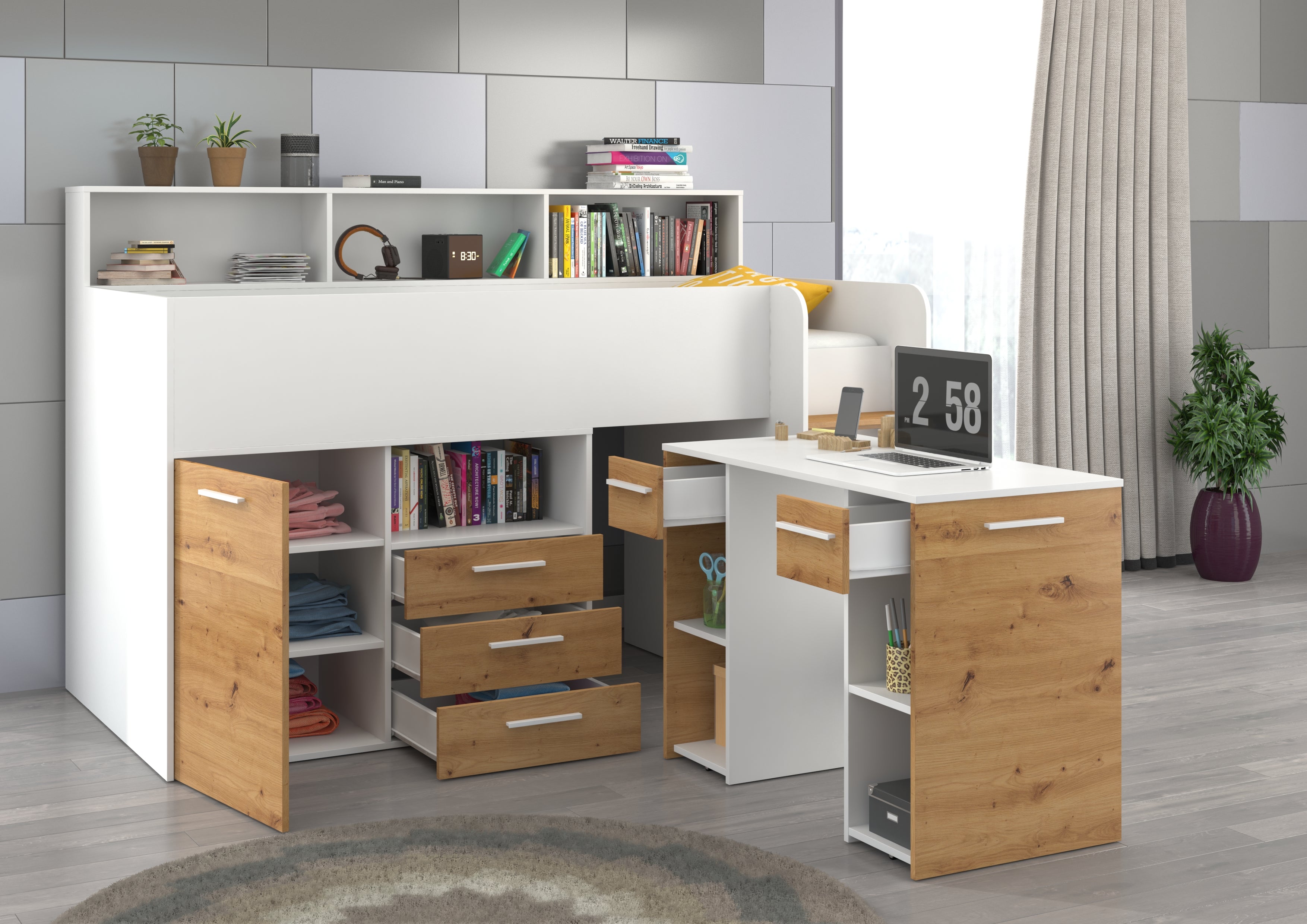 Etagenbett NE-P mit Treppe rechts, Ausziehbarer Schreibtisch und Doppel Schrank