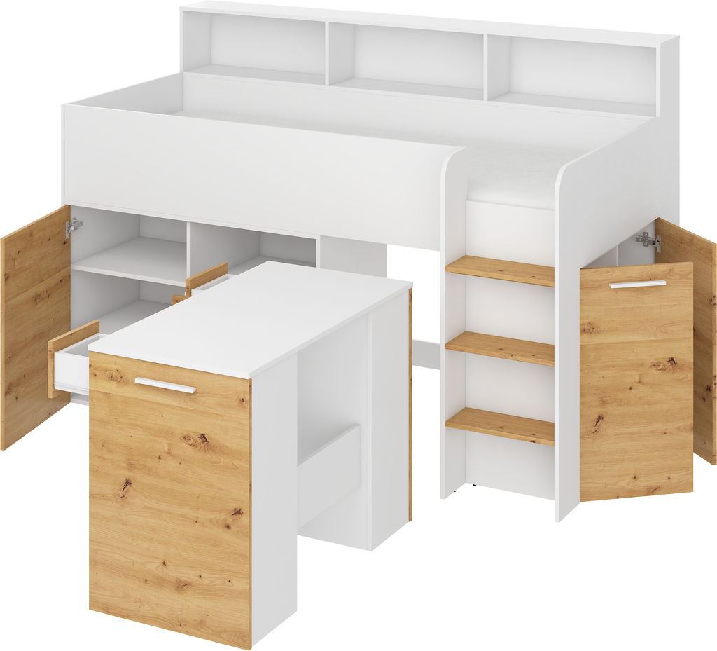 Etagenbett NE-P mit Treppe rechts, Ausziehbarer Schreibtisch und Doppel Schrank