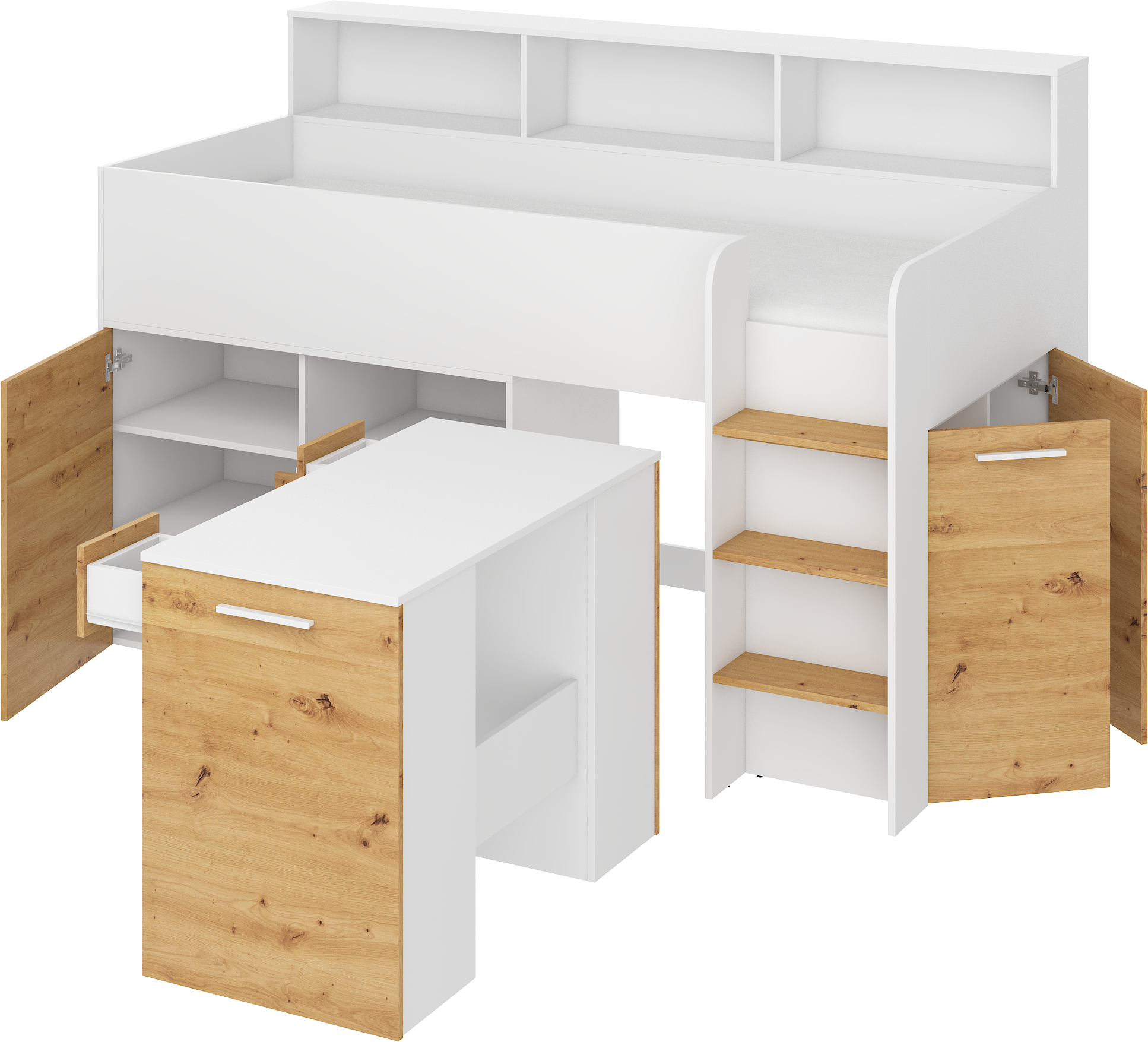 Etagenbett NE-P mit Treppe rechts, Ausziehbarer Schreibtisch und Doppel Schrank