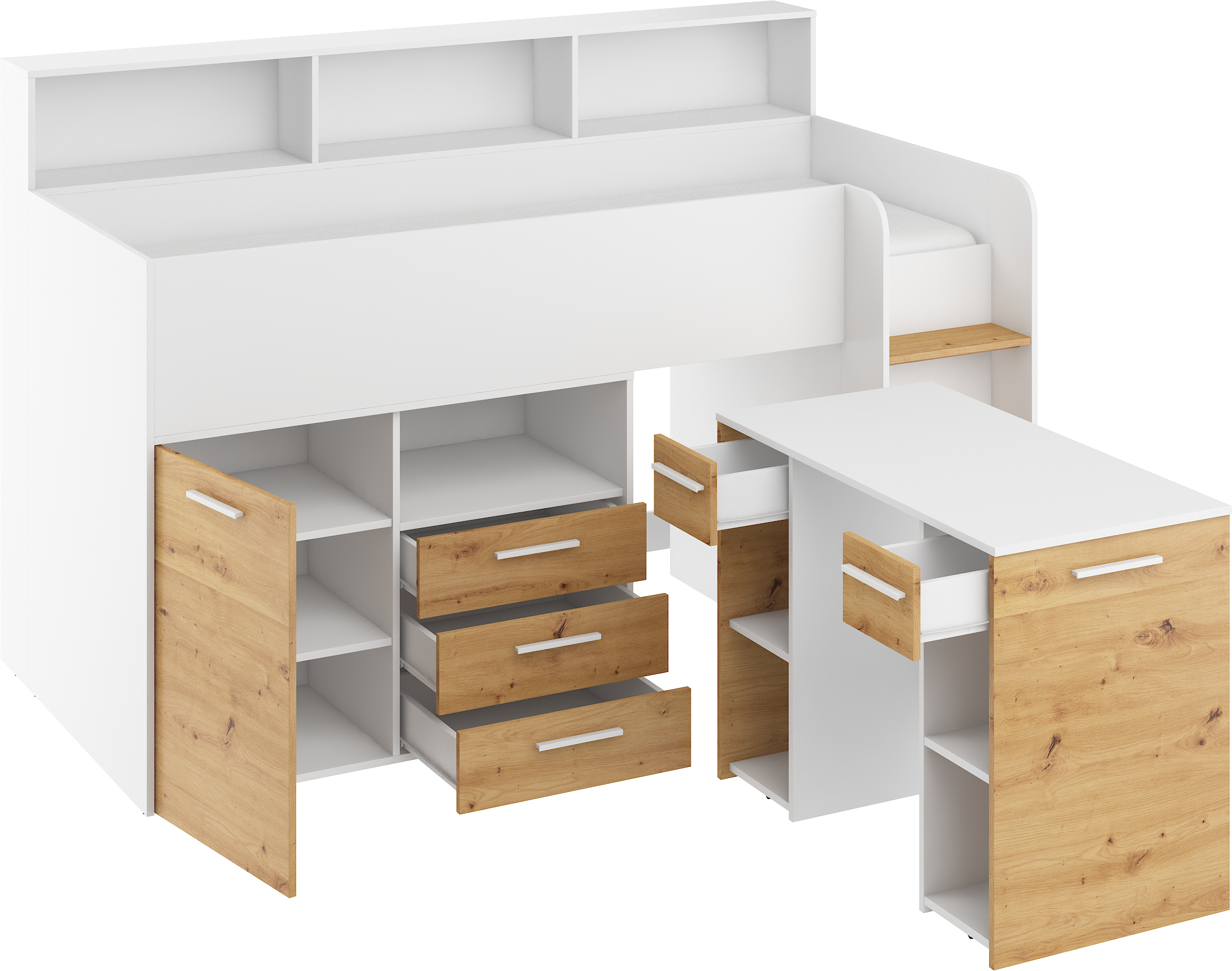 Etagenbett NE-P mit Treppe rechts, Ausziehbarer Schreibtisch und Doppel Schrank