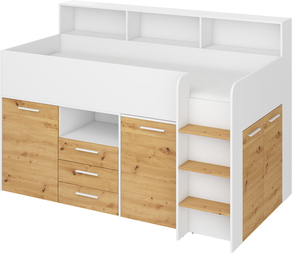 Etagenbett NE-P mit Treppe rechts, Ausziehbarer Schreibtisch und Doppel Schrank
