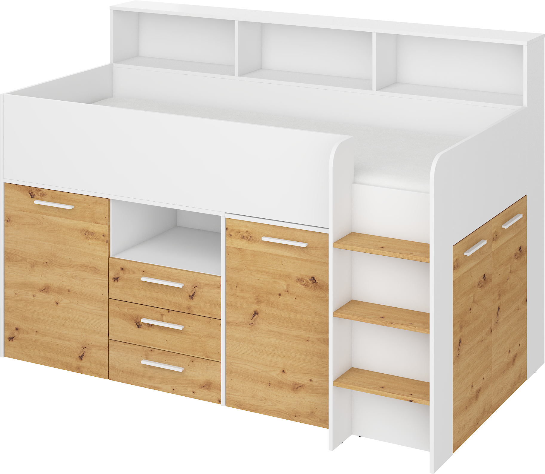 Etagenbett NE-P mit Treppe rechts, Ausziehbarer Schreibtisch und Doppel Schrank