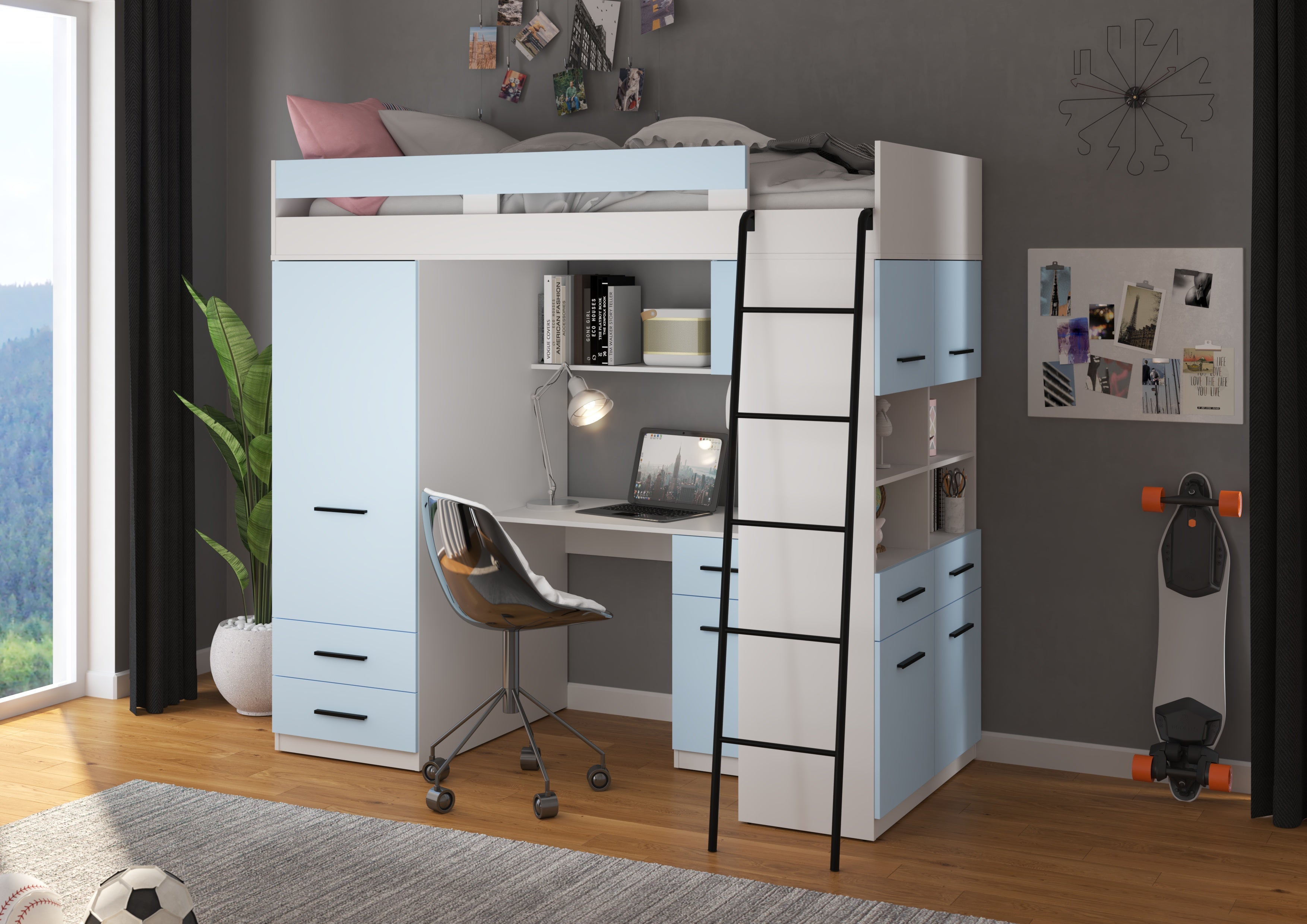 Etagenbett LEV-P mit Leiter rechts, Kleiderschrank, Schreibtisch und viele Regale