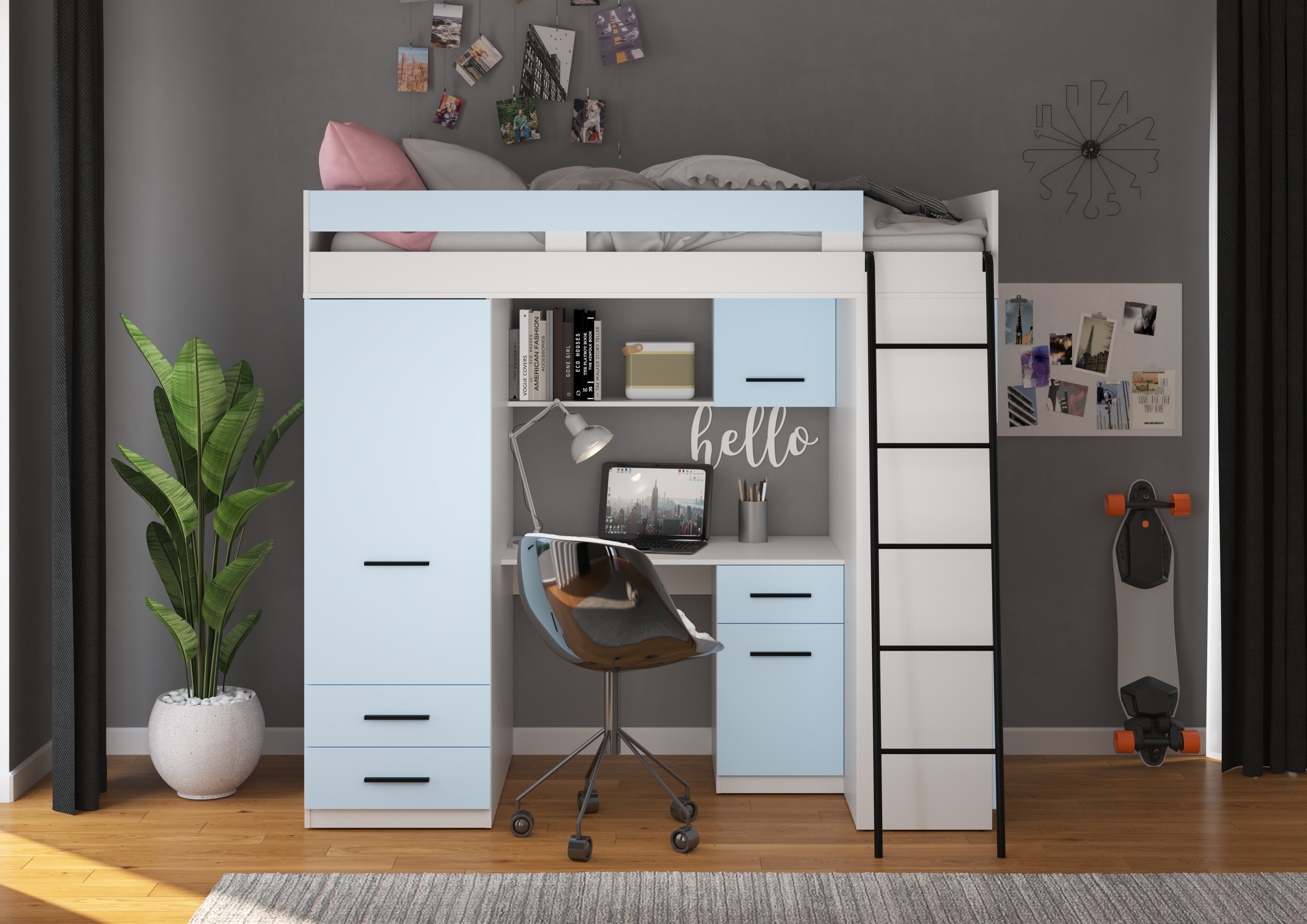 Etagenbett LEV-P mit Leiter rechts, Kleiderschrank, Schreibtisch und viele Regale