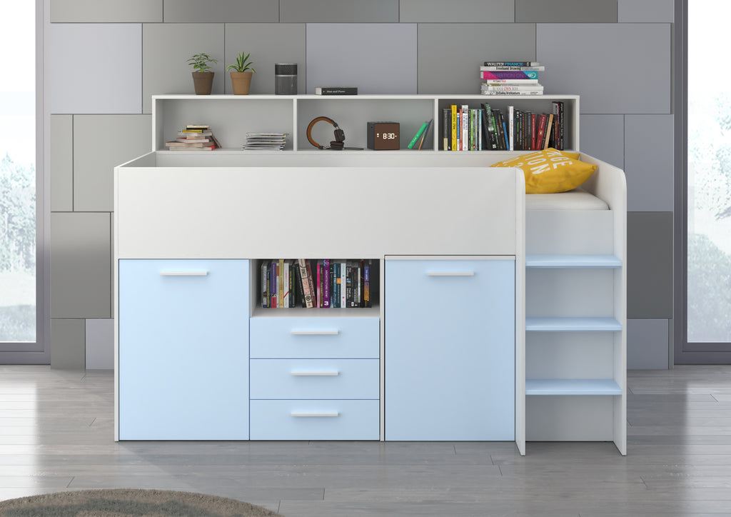 Etagenbett NE-P mit Treppe rechts, Ausziehbarer Schreibtisch und Doppel Schrank