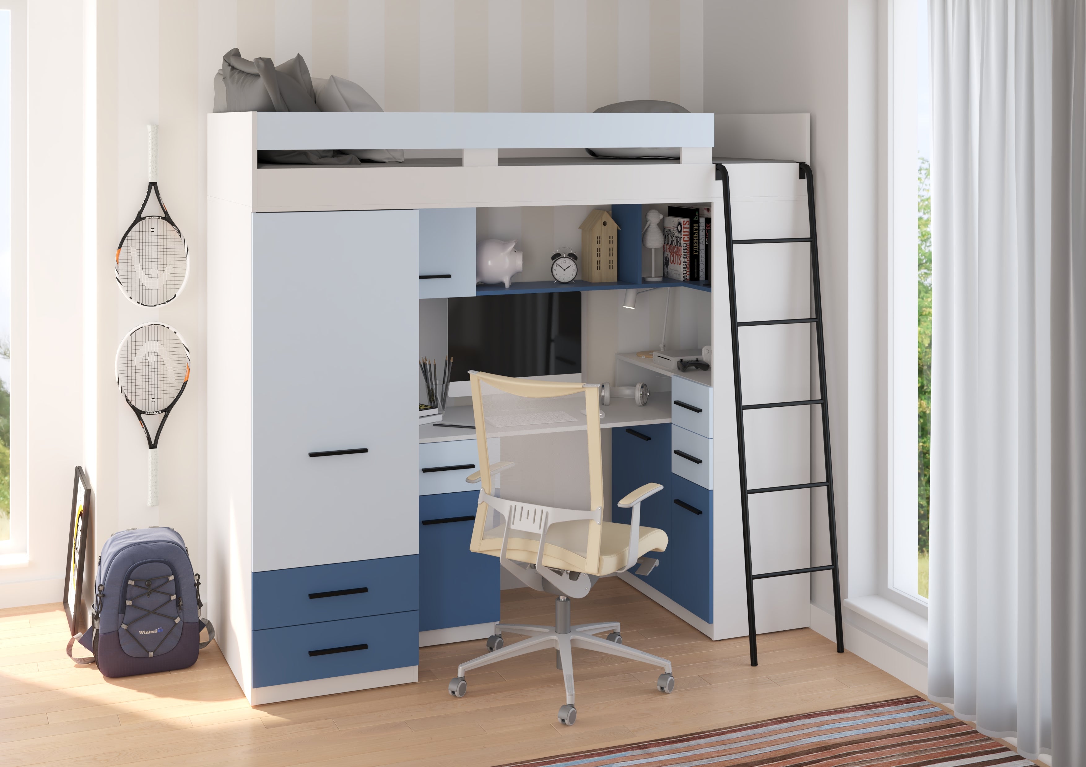 Etagenbett SMY-P mit Leiter rechts, Kleiderschrank, Schreibtisch und viele Regale