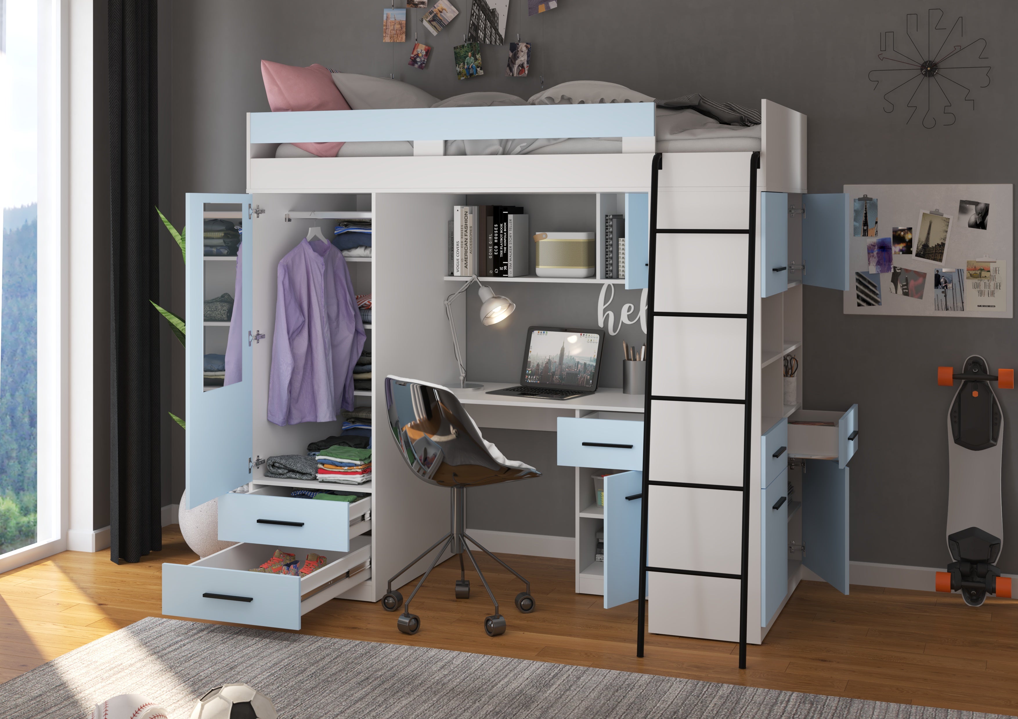 Etagenbett LEV-P mit Leiter rechts, Kleiderschrank, Schreibtisch und viele Regale