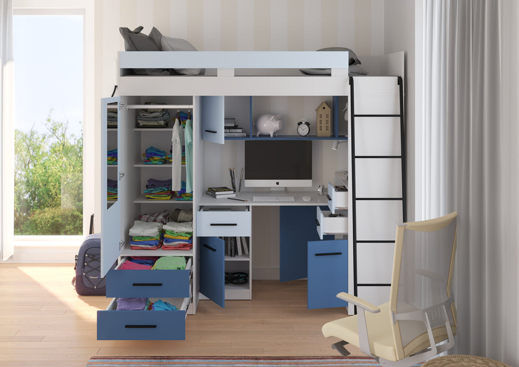 Etagenbett SMY-P mit Leiter rechts, Kleiderschrank, Schreibtisch und viele Regale