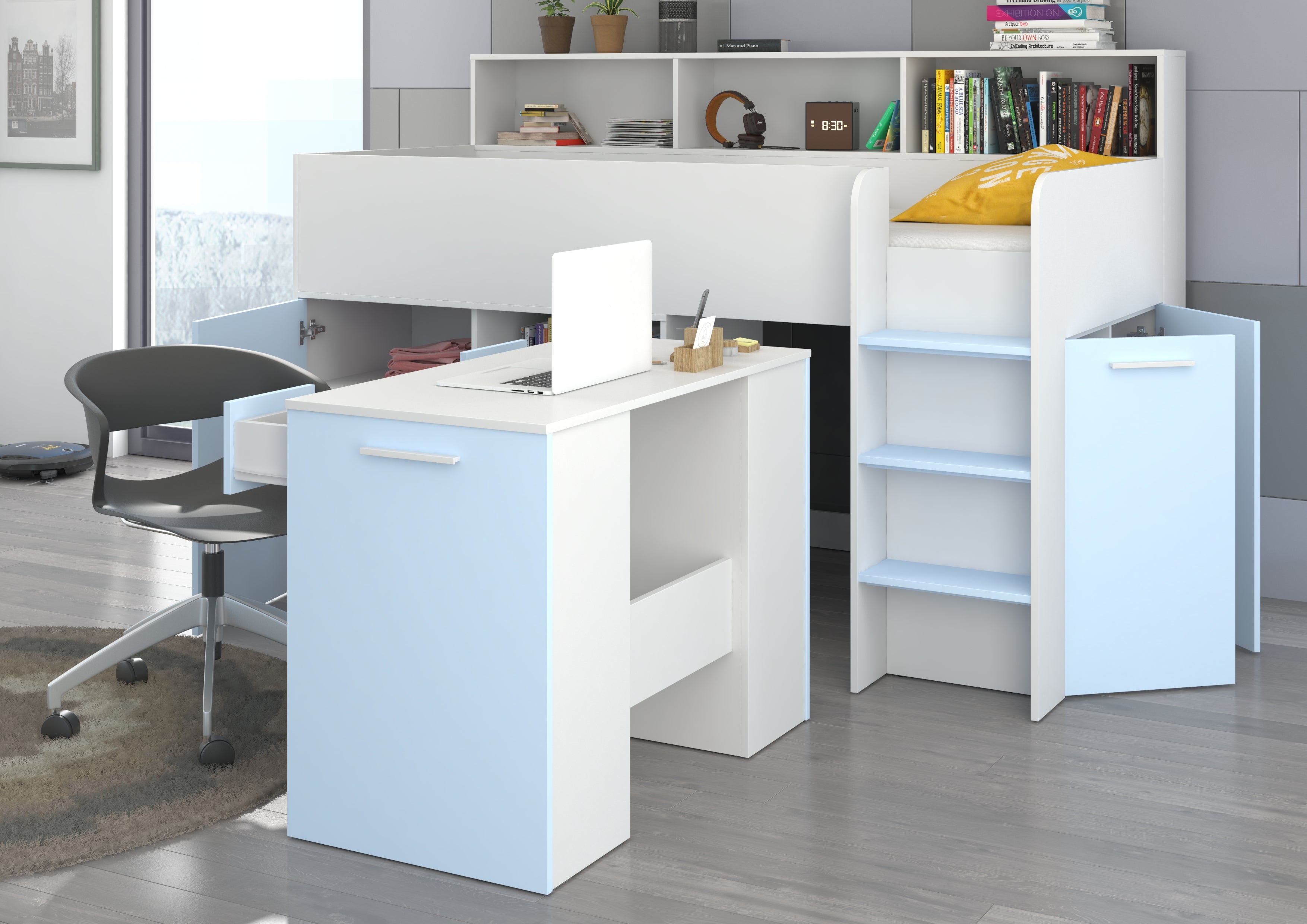 Etagenbett NE-P mit Treppe rechts, Ausziehbarer Schreibtisch und Doppel Schrank